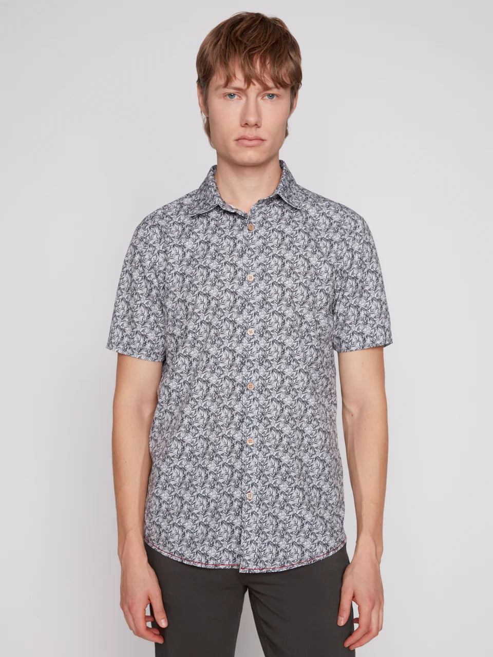 Wholesale,Projek Raw, Projek Raw Grey/Black Foliage Print Short Sleeve 4 Way Stretch Shirt, Grey, Small-42-TagSLarge-46-TagLExtra Large-50-TagXLExtra Extra Large-52-TagXXLMedium-44-TagM