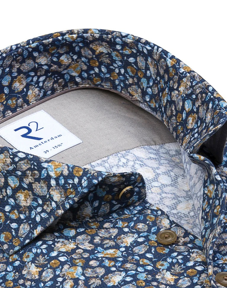 Brand Partner,R2 Amsterdam, R2 Amsterdam Blue Floral Print Long Sleeve Button Up  Cotton Shirt, Blue, Medium-44-Tag41Extra Large-50-Tag44Large-47-Tag43