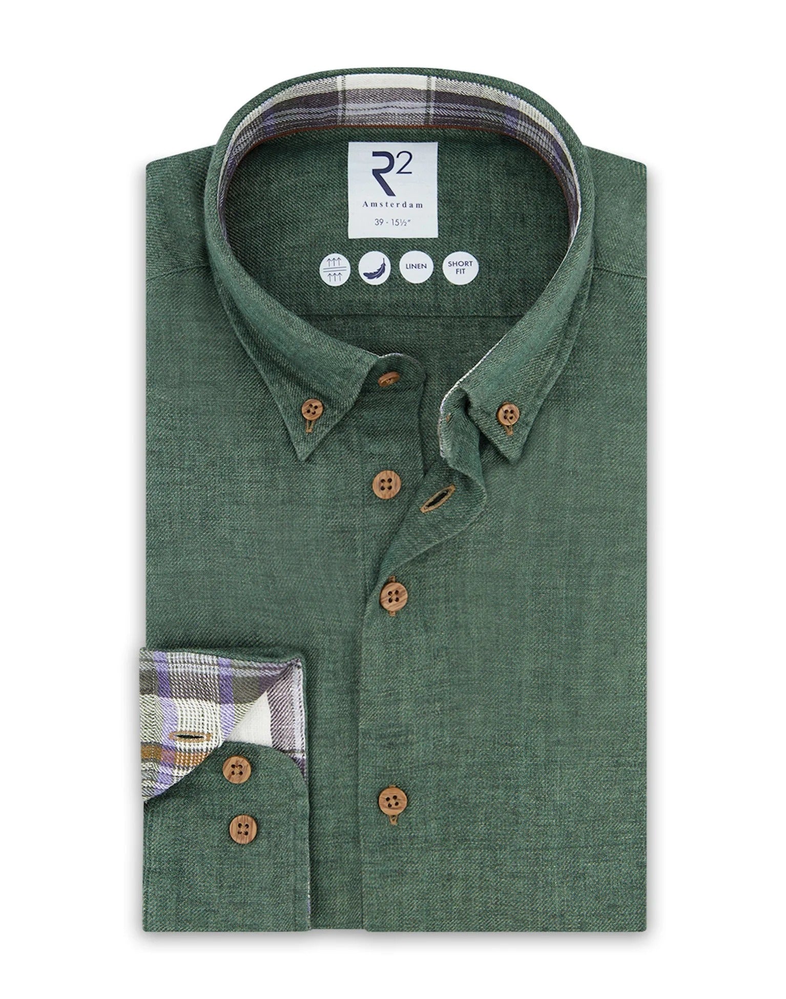 Brand Partner,R2 Amsterdam, R2 Amsterdam Dark Green Linen Long Sleeve Shirt with Checkered contrast, Green, Medium-44-Tag41Large-46-Tag42