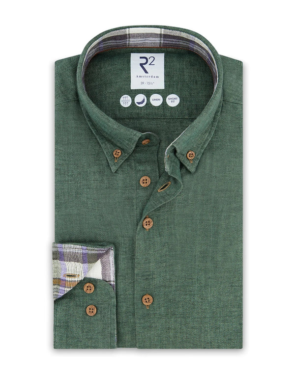 R2 Amsterdam Dark Green Linen Long Sleeve Shirt with Checkered contrast