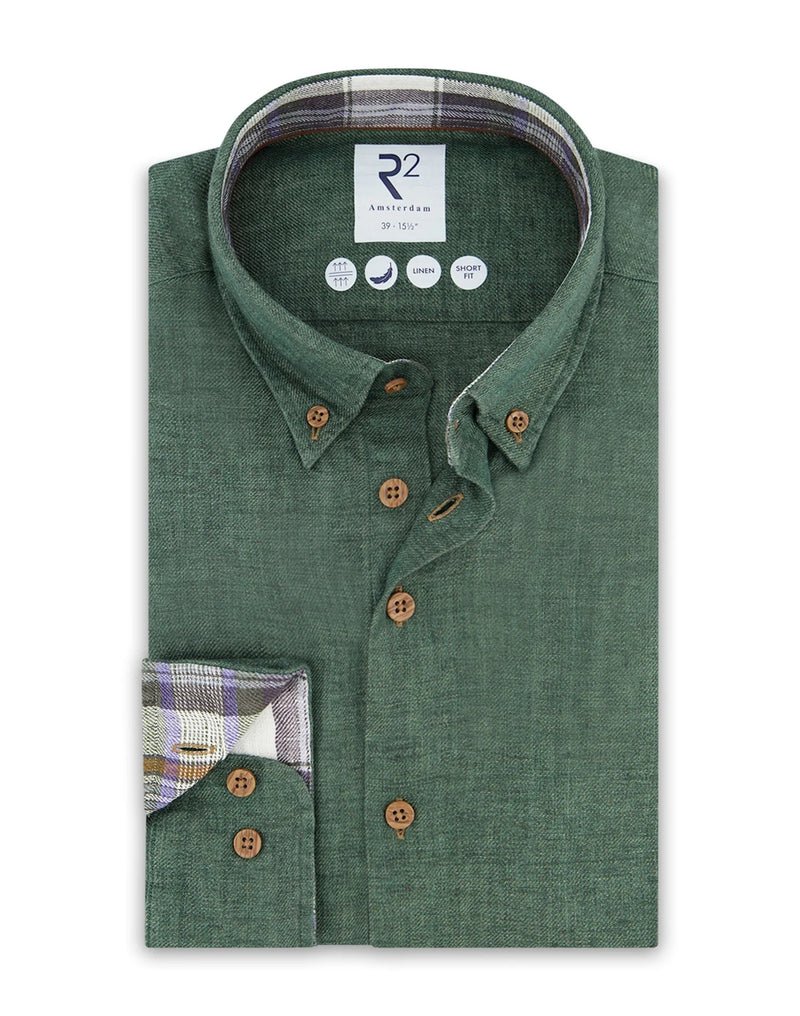 R2 Amsterdam Dark Green Linen Long Sleeve Shirt with Checkered contrast