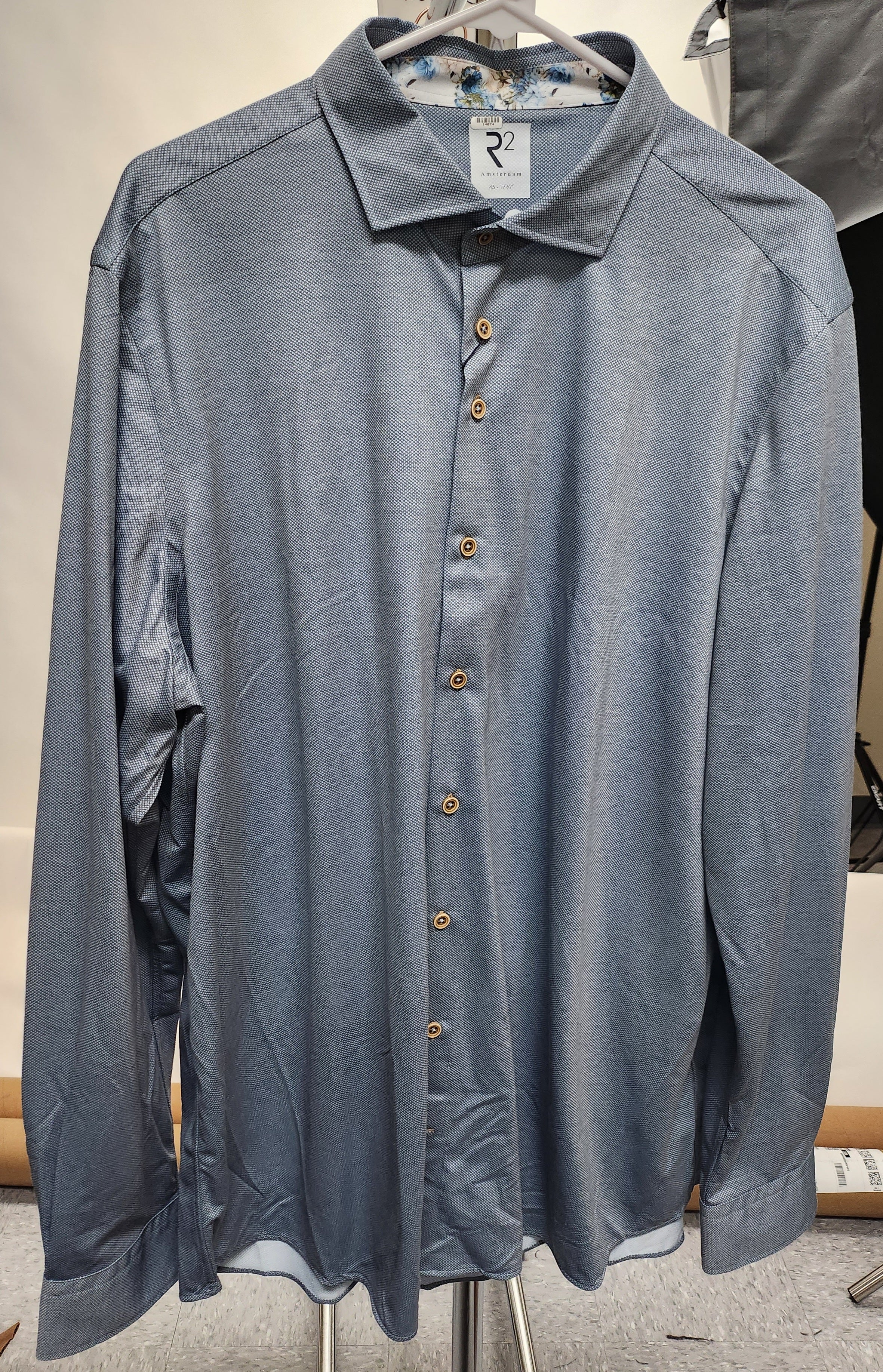 Brand Partner,R2 Amsterdam, R2 Amsterdam Navy Geo Print Long Sleeve Button Up Shirt with Floral Contrast, Blue, Small-39-Tag37Extra Extra Large-51-Tag45