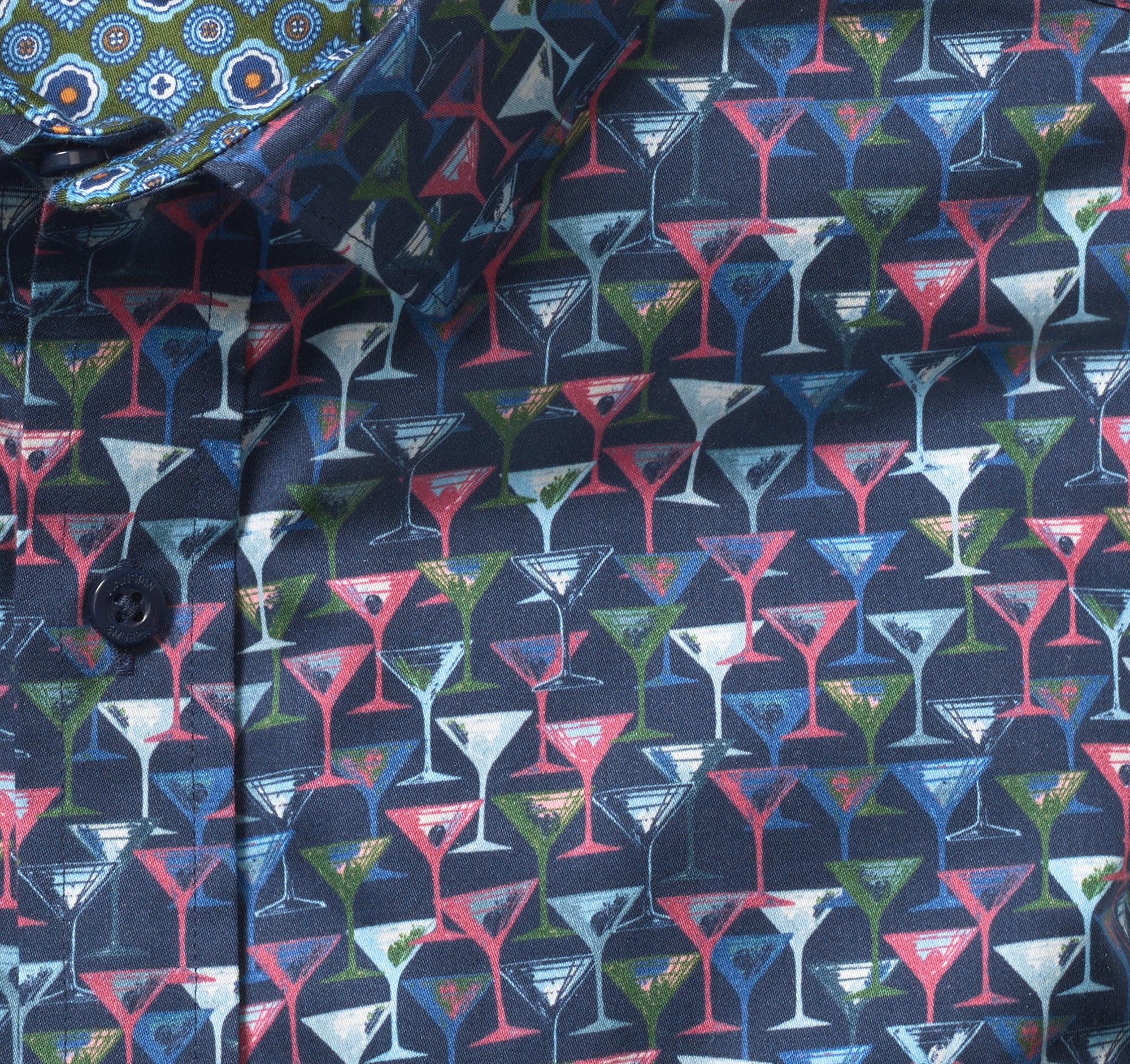 Wholesale,Johnston & Murphy, Johnston & Murphy Navy Multi Martini Print Long Sleeve Button Up Shirt, Blue, Medium-44-TagM