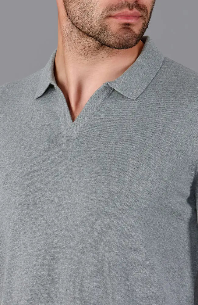 Faire,Paul James, Paul James Grey Buttonless Knit Longsleeve Polo, GreyBlue, Extra Extra Large-50-TagXXLMedium-41-TagMSmall-40-TagS