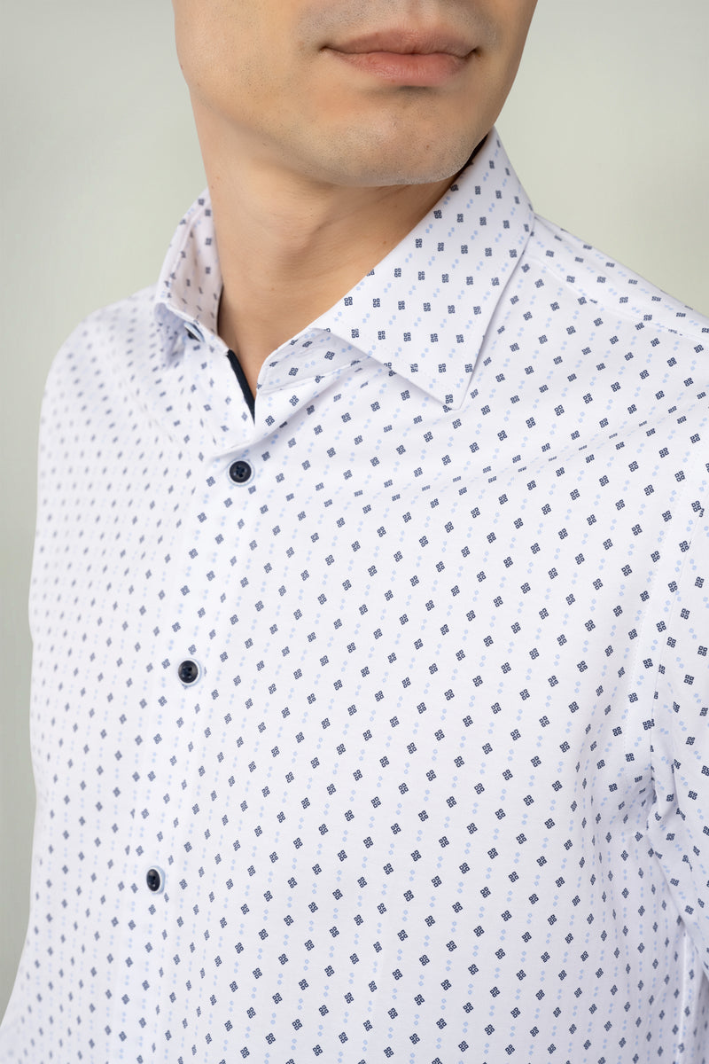 Luchiano Visconti White/Blue Motif Print Long Sleeve Button Up Shirt