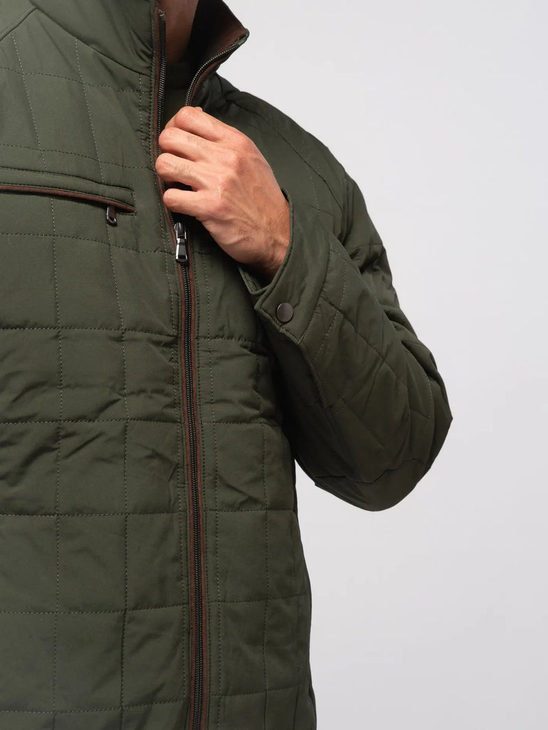 SMF Dark Green Quilted Grid Puffer Zip Up Jacket With Four Front Pockets