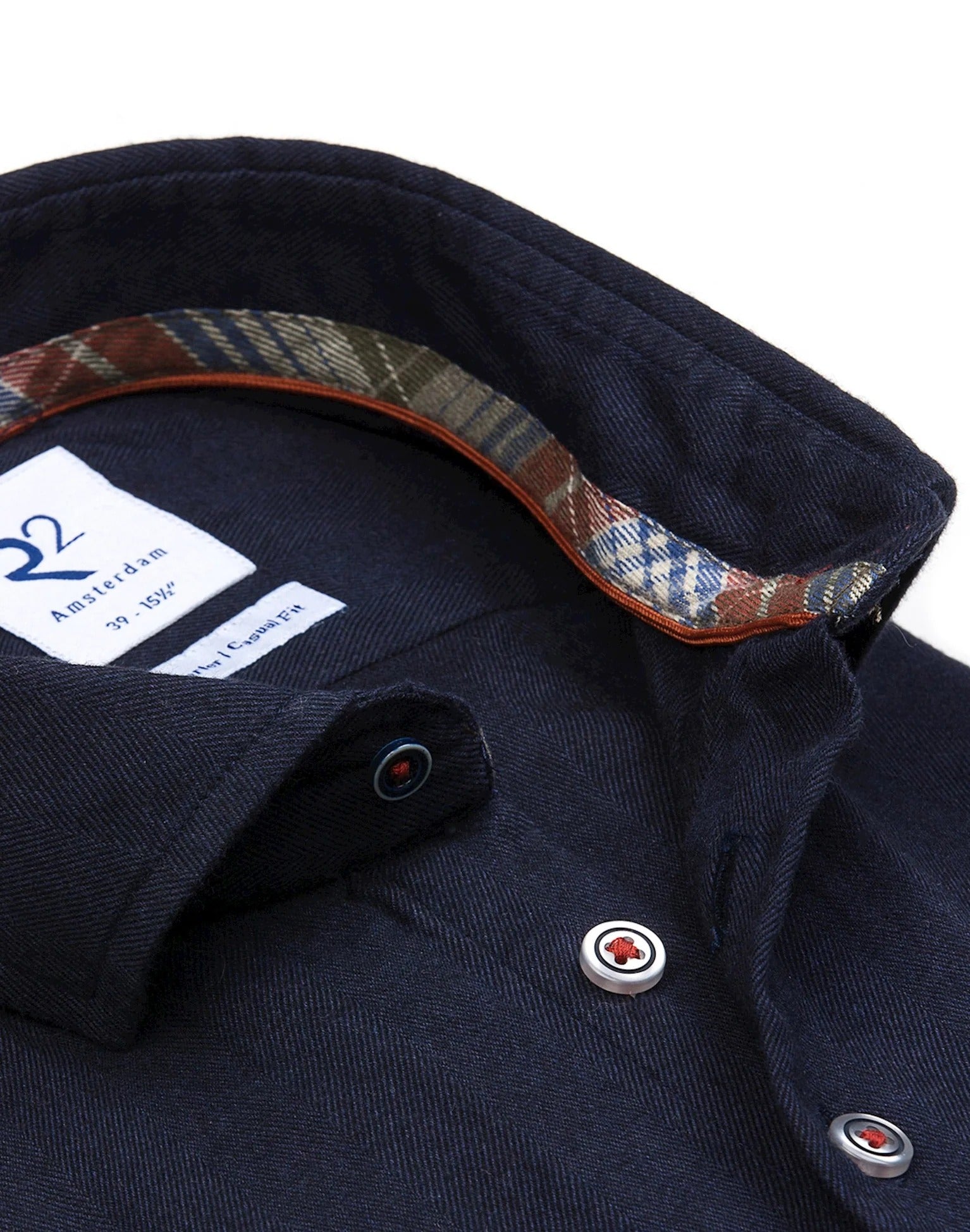 Brand Partner,R2 Amsterdam, R2 Amsterdam Navy Blue Flannel Long Sleeve Button Up Shirt with Tartan Print  Contrast, Blue, Large-47-Tag43