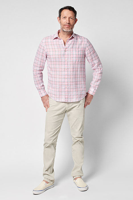 Otrium,Faherty, Faherty Pink/Grey Plaid Linen Long Sleeve Button Up, Pink, Large-45-TagL