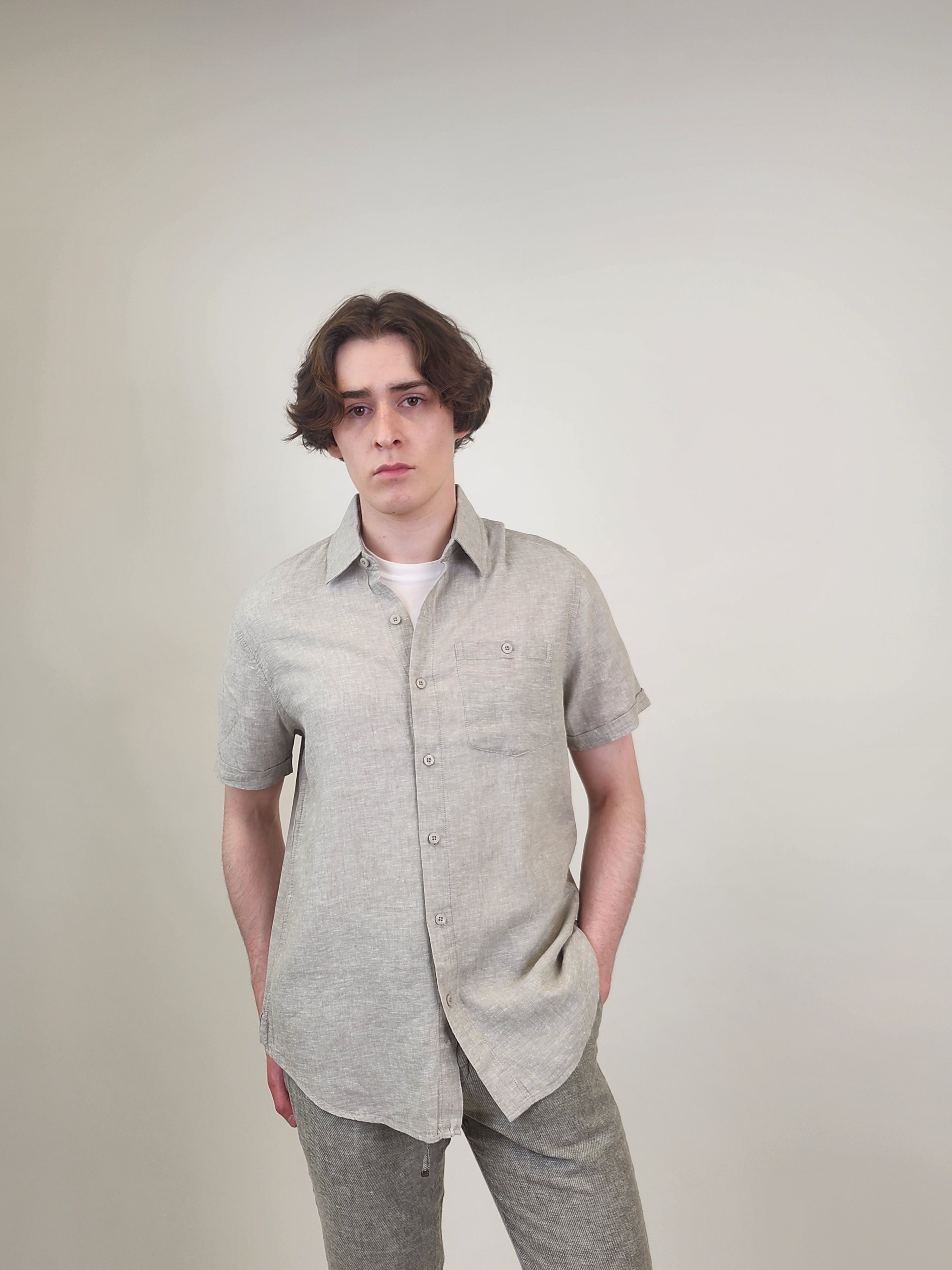 Wholesale,Projek Raw, Projek Raw Beige Linen Blend Short Sleeve Shirt, Tan, Small-42-TagS