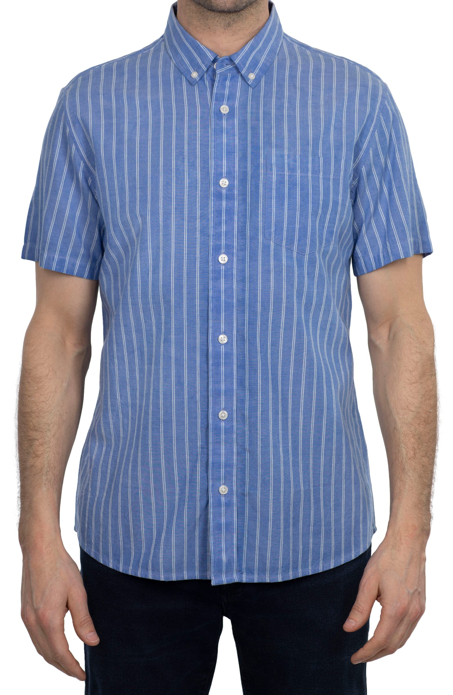 Nordstorm Rack,Slate & Stone, Slate & Stone Blue Stripe Short Sleeve Button Up Shirt, Blue, Small-40-TagS