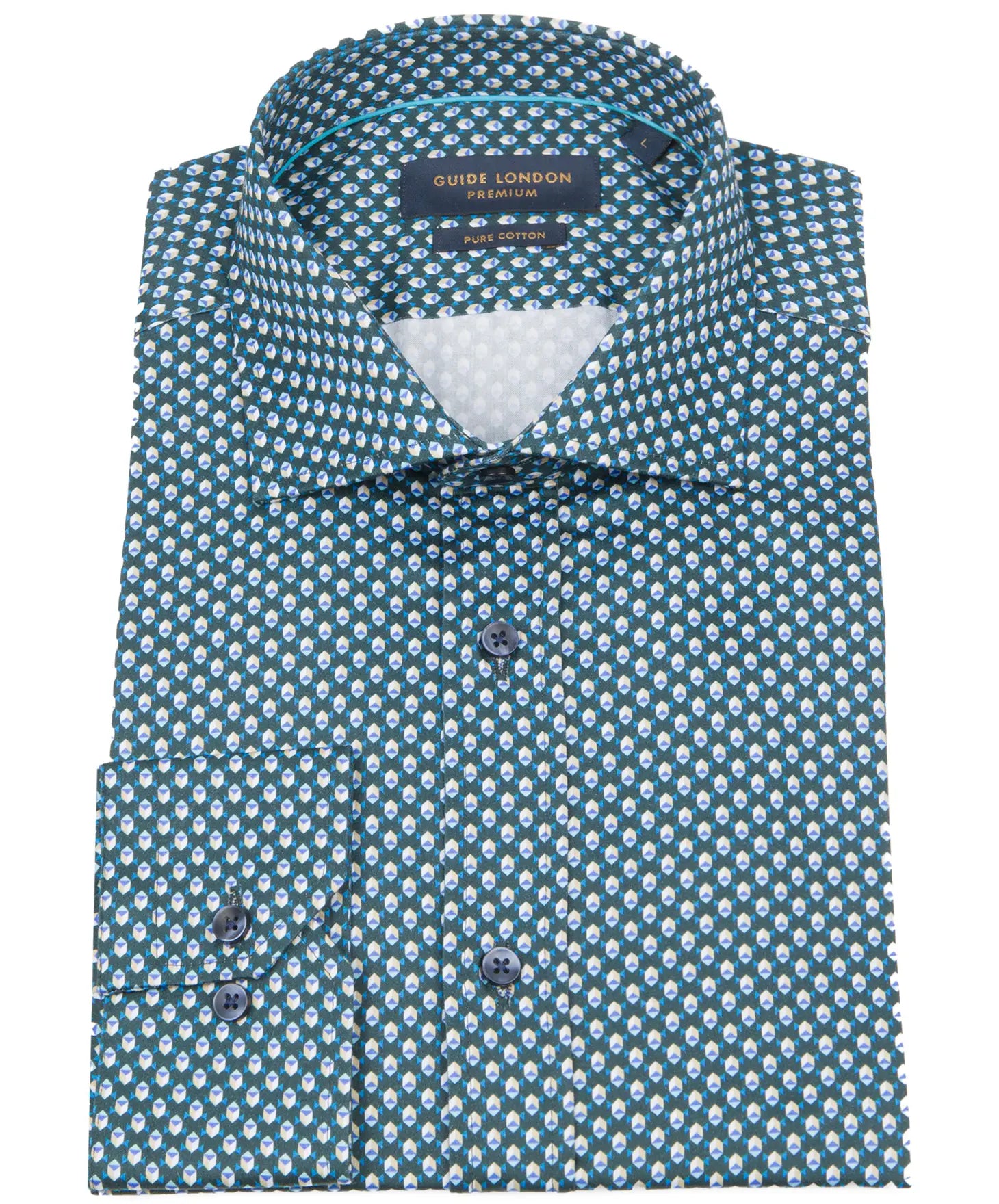 Faire,Guide London, Guide London Turquoise And White Geometric Print Long Sleeve Button Up Shirt, Blue, Large-47-TagXL