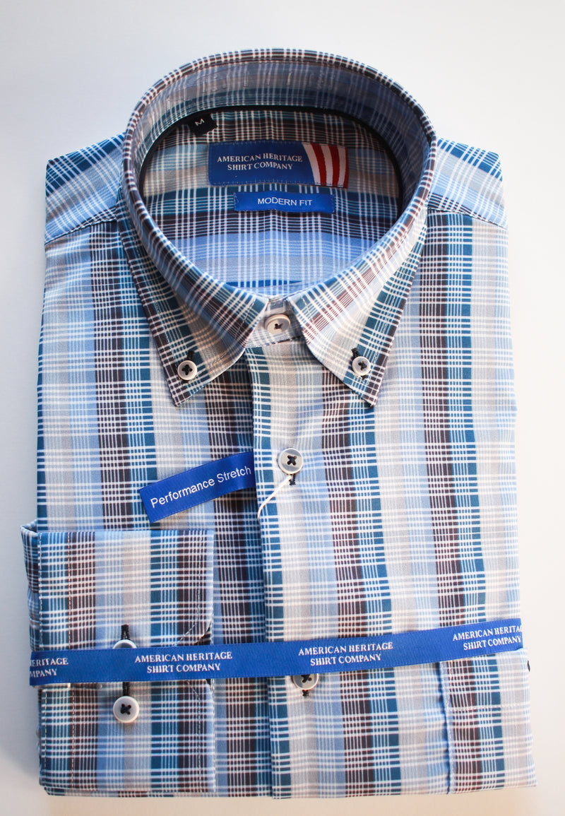 American Heritage Blue/Grey Plaid Performance Stretch Shirt