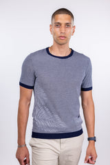 Suit Sartoria Navy And White Textured Crewneck Knit Short Sleeve Shirt With Leaf Print