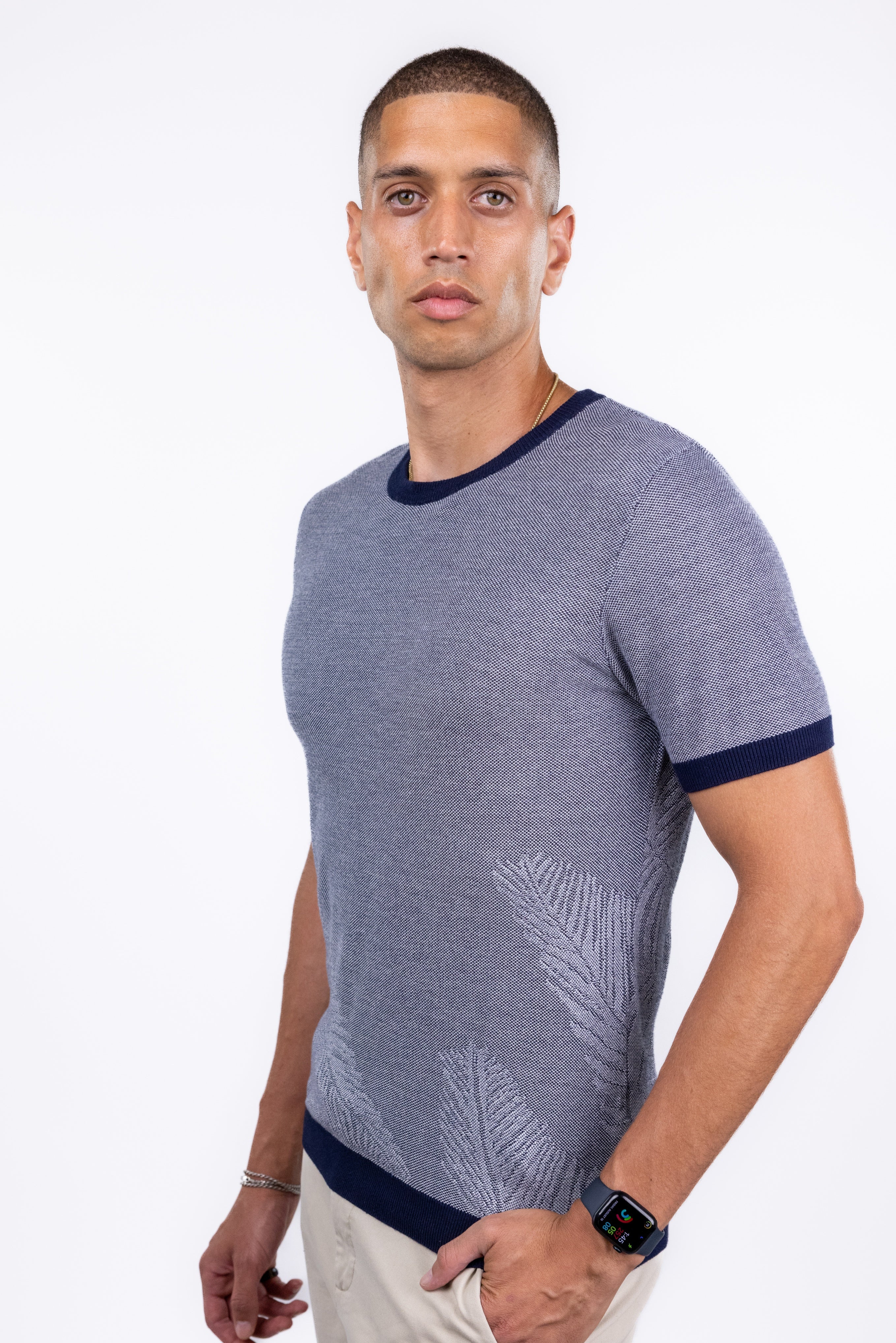 Wholesale,Suit Sartoria, Suit Sartoria Navy And White Textured Crewneck Knit Short Sleeve Shirt With Leaf Print, Blue, Extra Large-48-TagXXLExtra Large-46-TagXLLarge-44-TagLMedium-42-TagMSmall-40-TagS