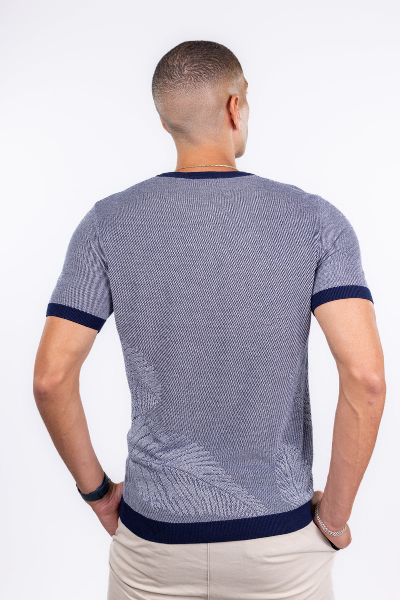 Suit Sartoria Navy And White Textured Crewneck Knit Short Sleeve Shirt With Leaf Print