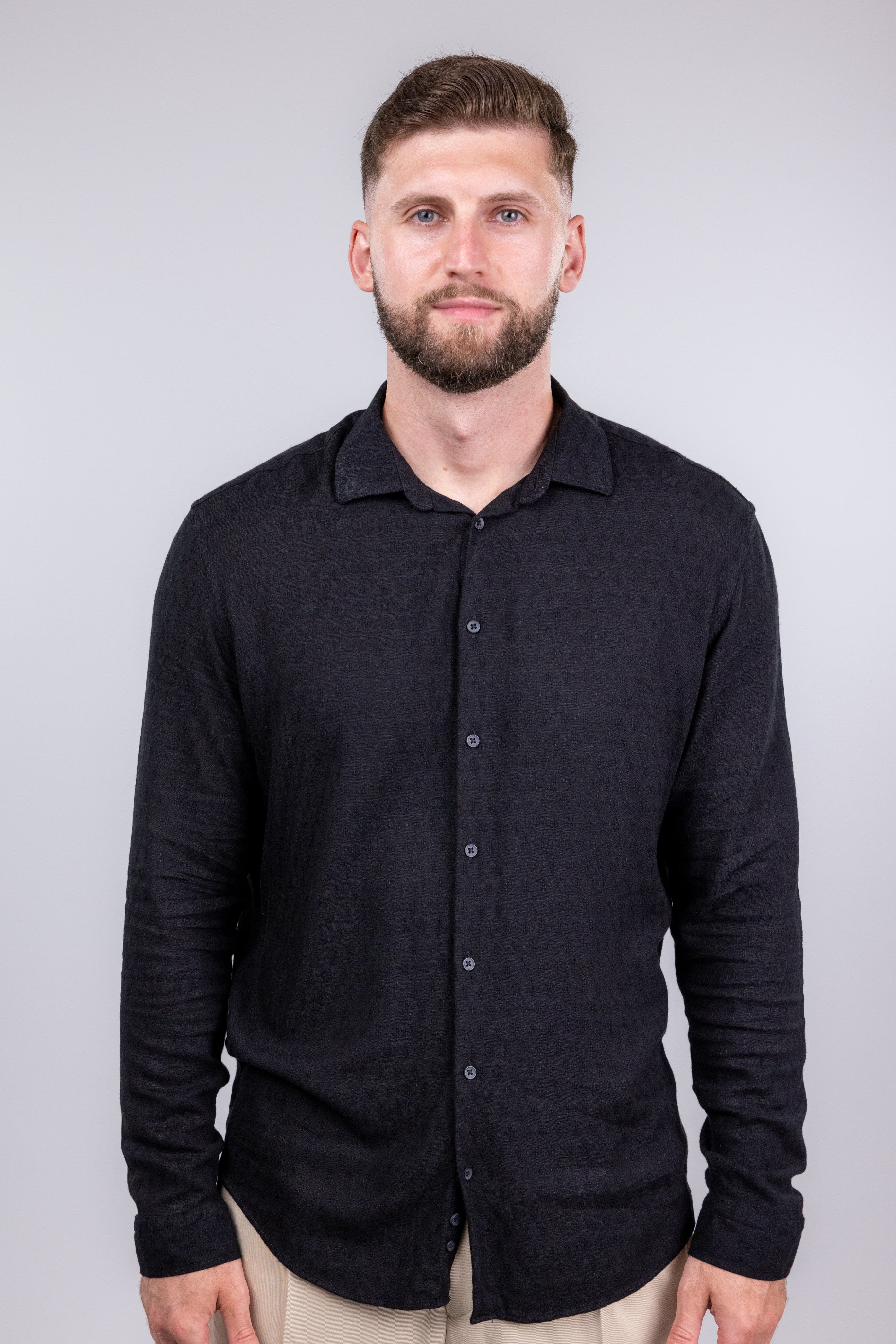 Wholesale,Suit Sartoria, Suit Sartoria Black Linen Blend Textured Long Sleeve Button Up Shirt, Black, Extra Large-48-TagXXLLarge-47-TagXLLarge-45-TagLMedium-44-TagMMedium-42-TagS