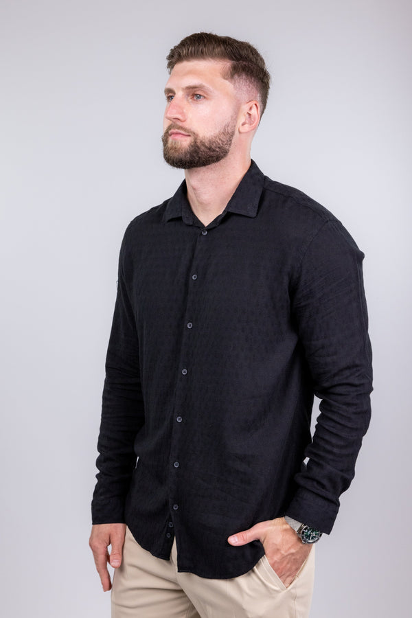 Suit Sartoria Black Linen Blend Textured Long Sleeve Button Up Shirt