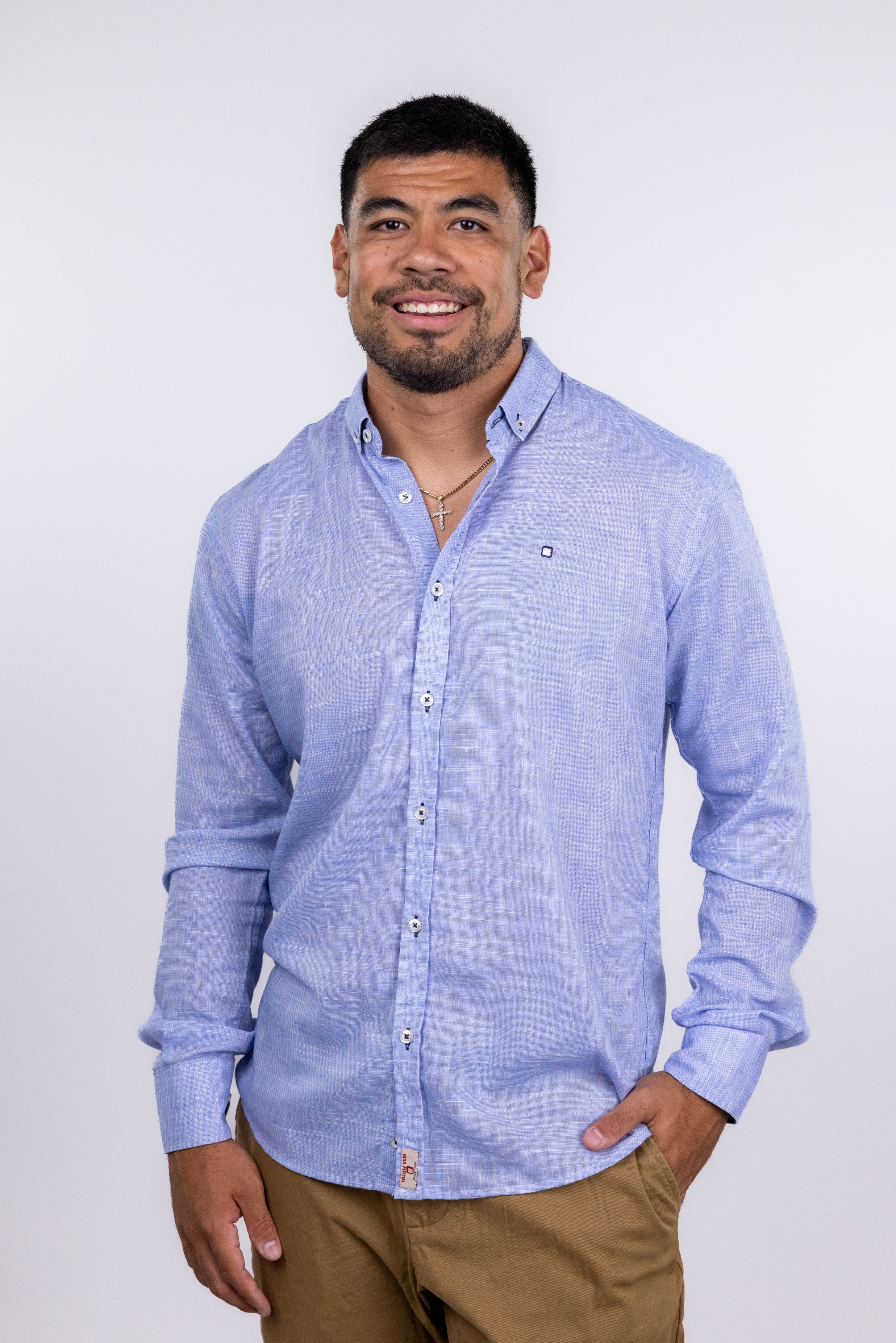 Faire,Yellow Skin, Yellow Skin Light Blue Linen Long Sleeve Button Up Shirt, Blue, Small-42-TagMSmall-40-TagM