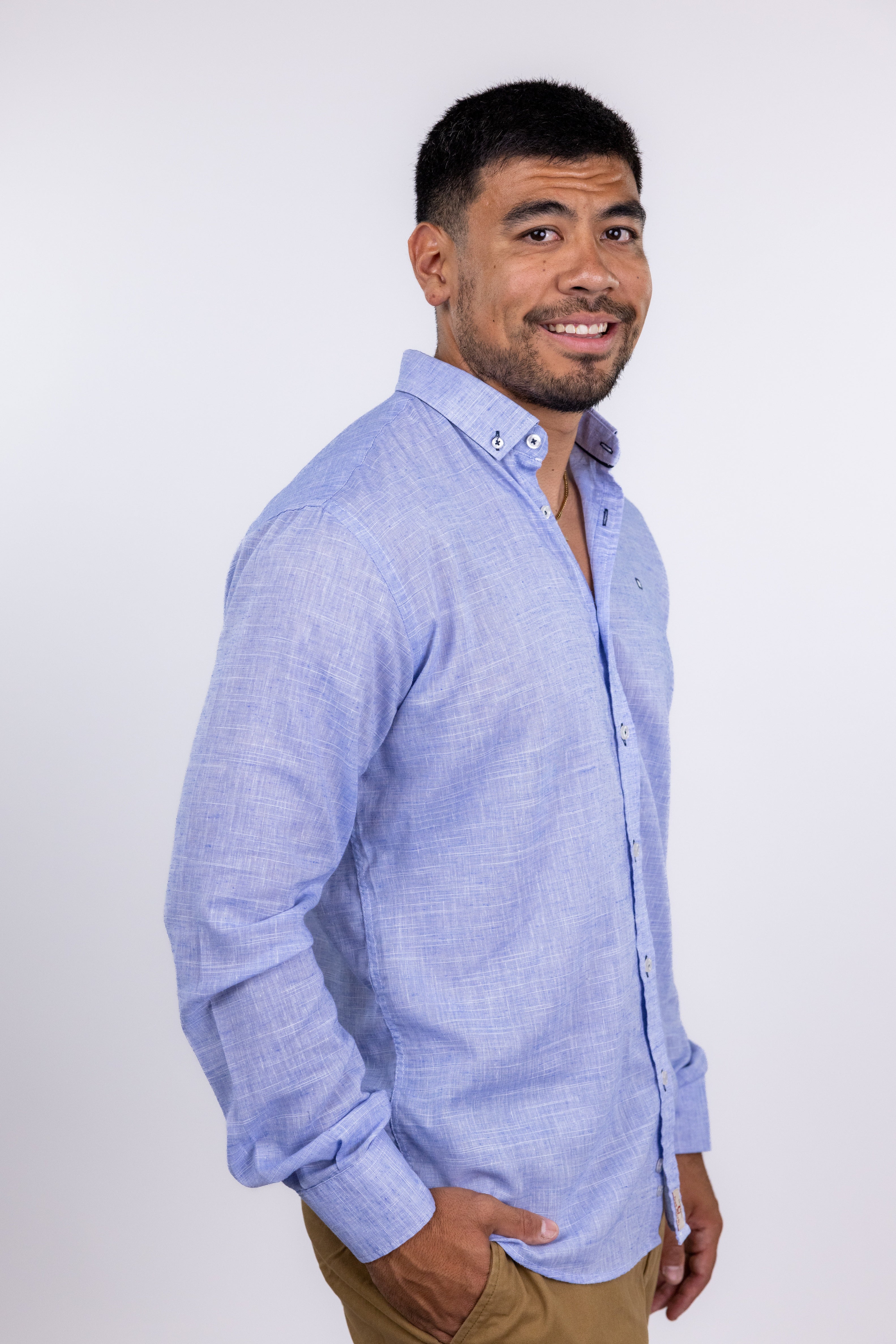 Faire,Yellow Skin, Yellow Skin Light Blue Linen Long Sleeve Button Up Shirt, Blue, Small-42-TagMSmall-40-TagM