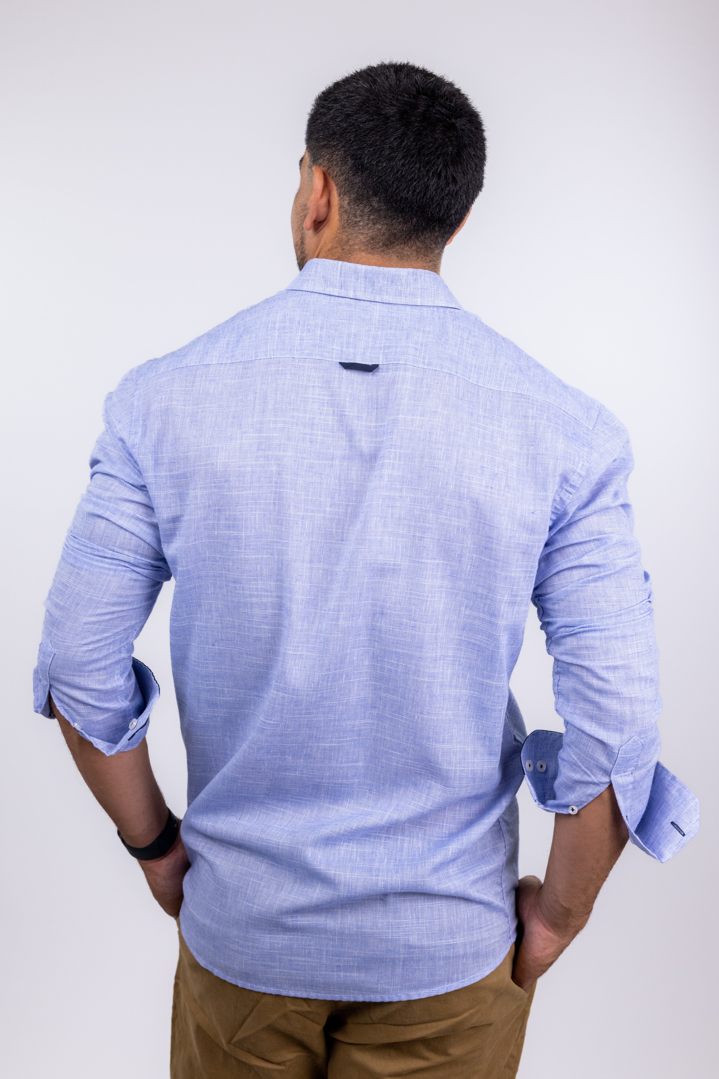 Faire,Yellow Skin, Yellow Skin Light Blue Linen Long Sleeve Button Up Shirt, Blue, Small-42-TagMSmall-40-TagM