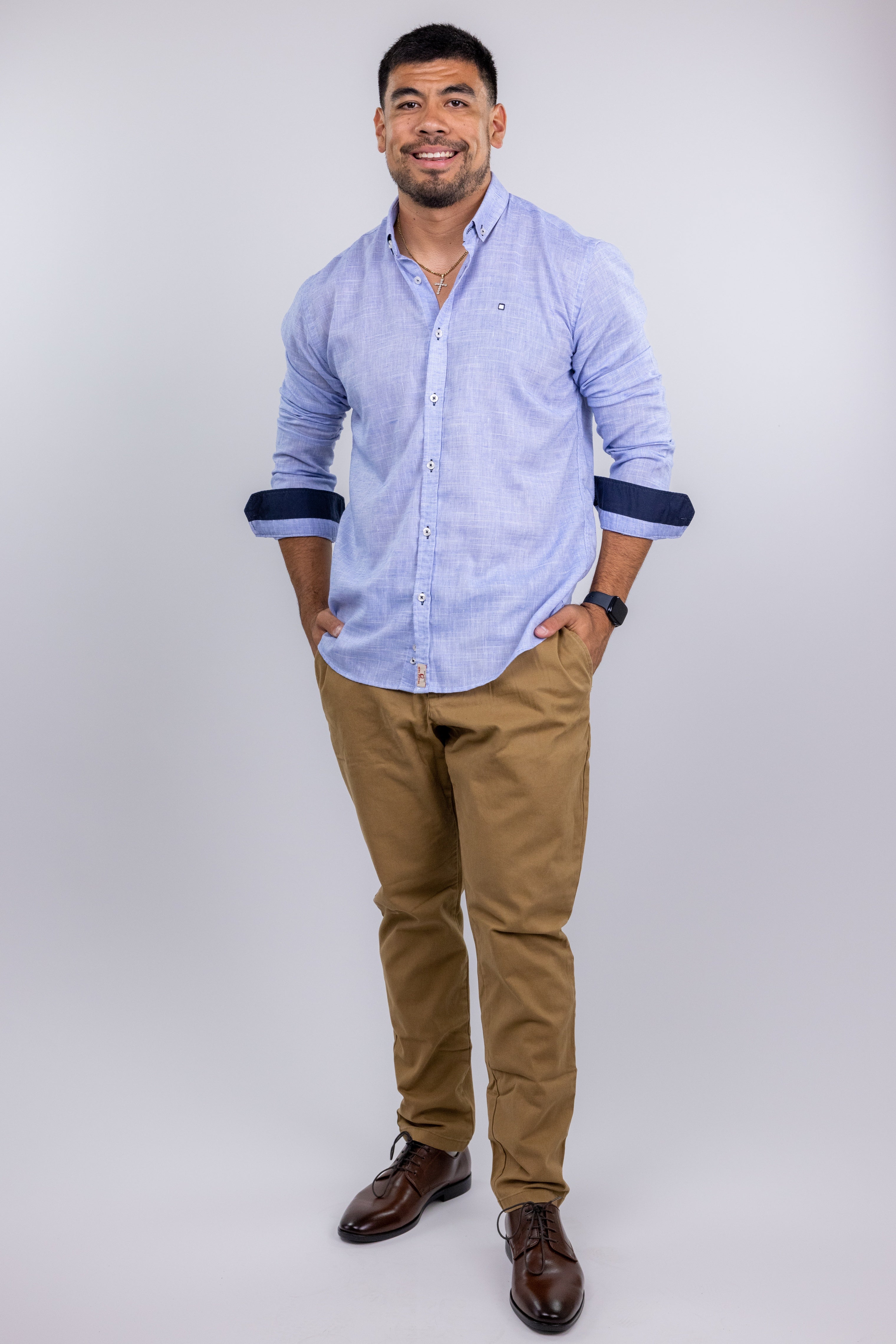 Faire,Yellow Skin, Yellow Skin Light Blue Linen Long Sleeve Button Up Shirt, Blue, Small-42-TagMSmall-40-TagM