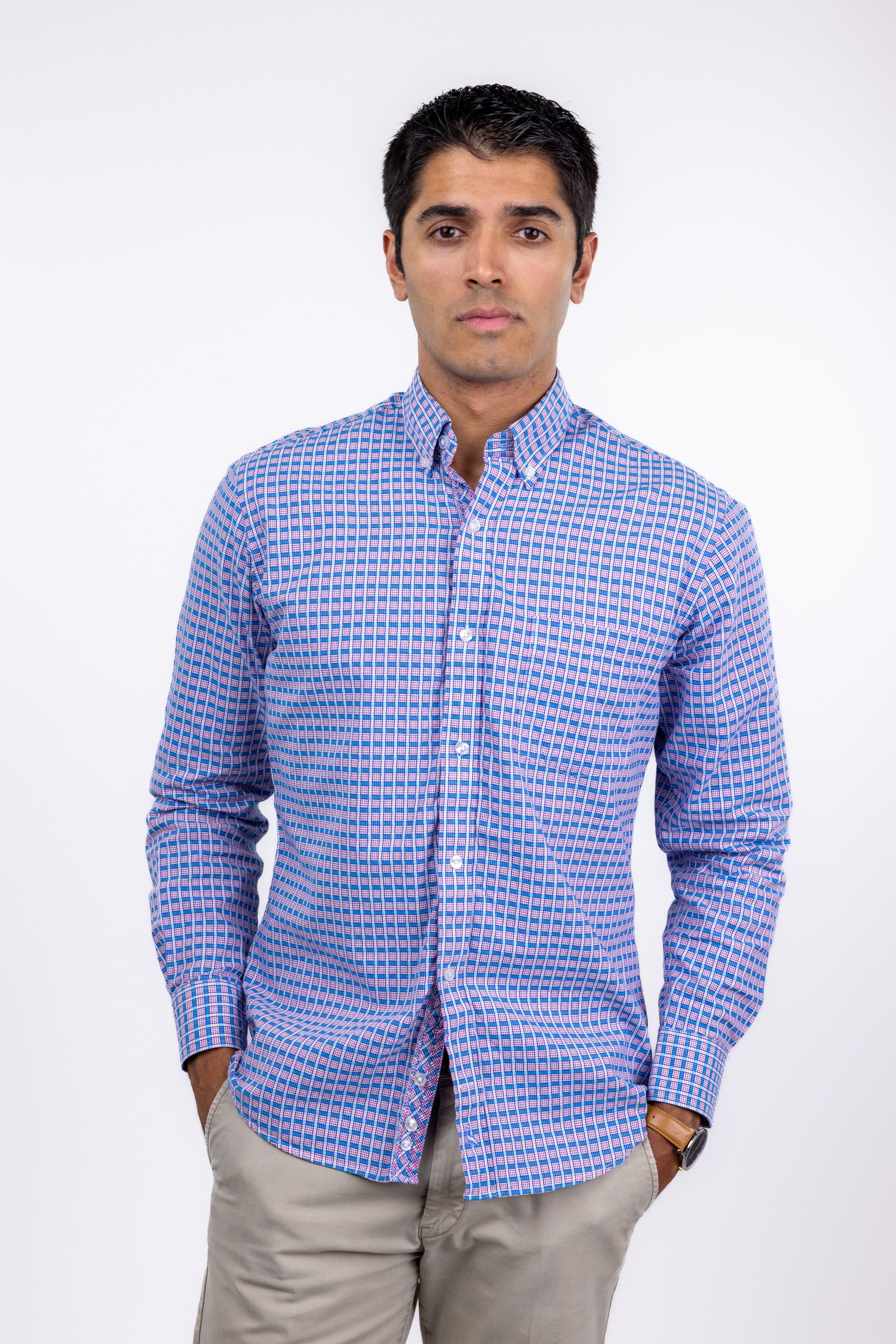 Poshmark,TailorByrd, TailorByrd Blue & Pink Small Check Print Button Up Shirt, Blue, Medium-43-TagM