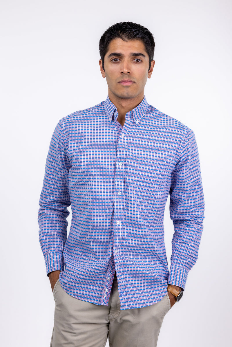 TailorByrd Blue & Pink Small Check Print Button Up Shirt