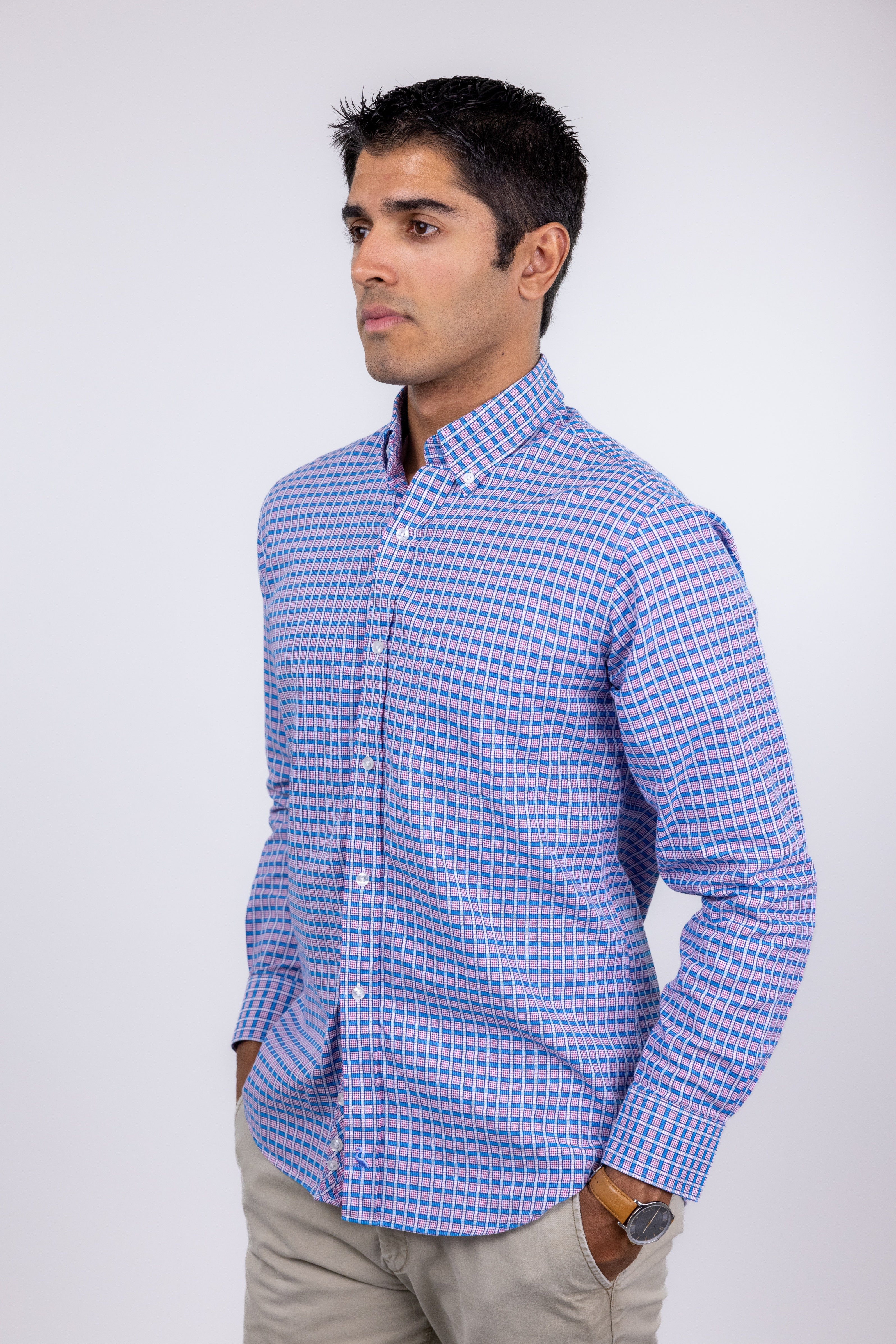 Poshmark,TailorByrd, TailorByrd Blue & Pink Small Check Print Button Up Shirt, Blue, Medium-43-TagM