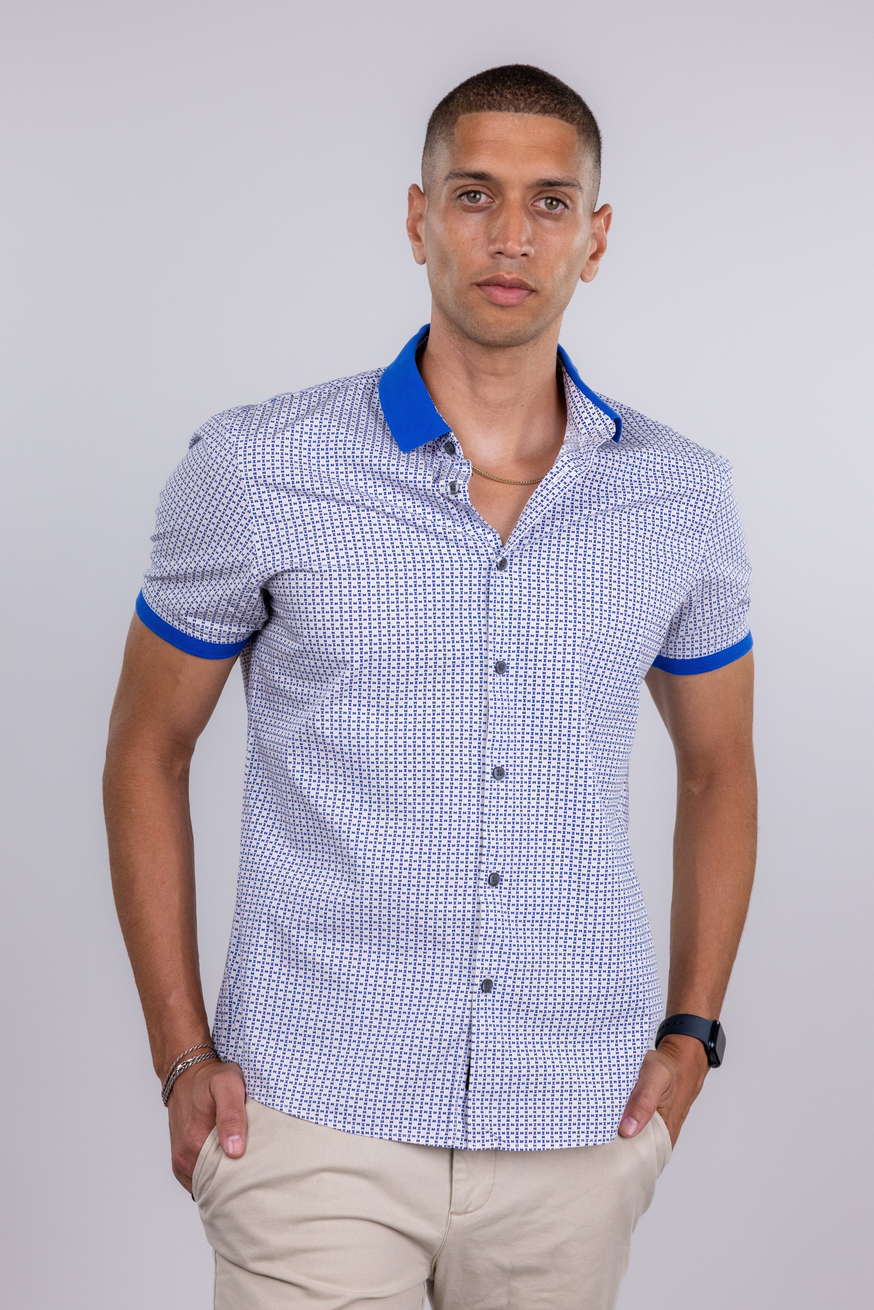 The RealReal,Michael Kors, Michael Kors Blue Print Short Sleeve Button Up Shirt, Blue, Medium-42-TagM