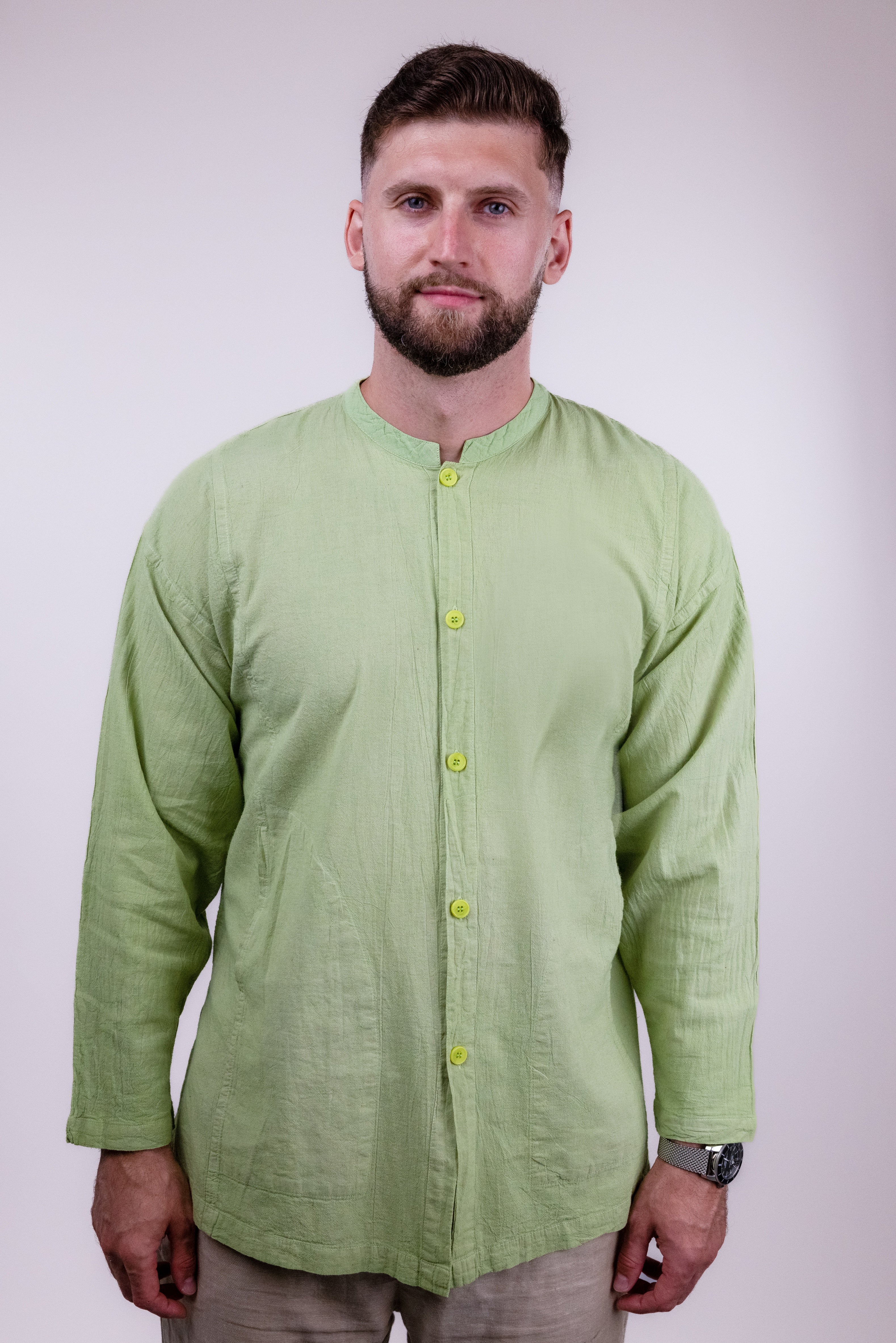 Brand Partner,Shixi, Shixi Bright Green Linen Button Up Shirt, Green, Medium-47-TagM