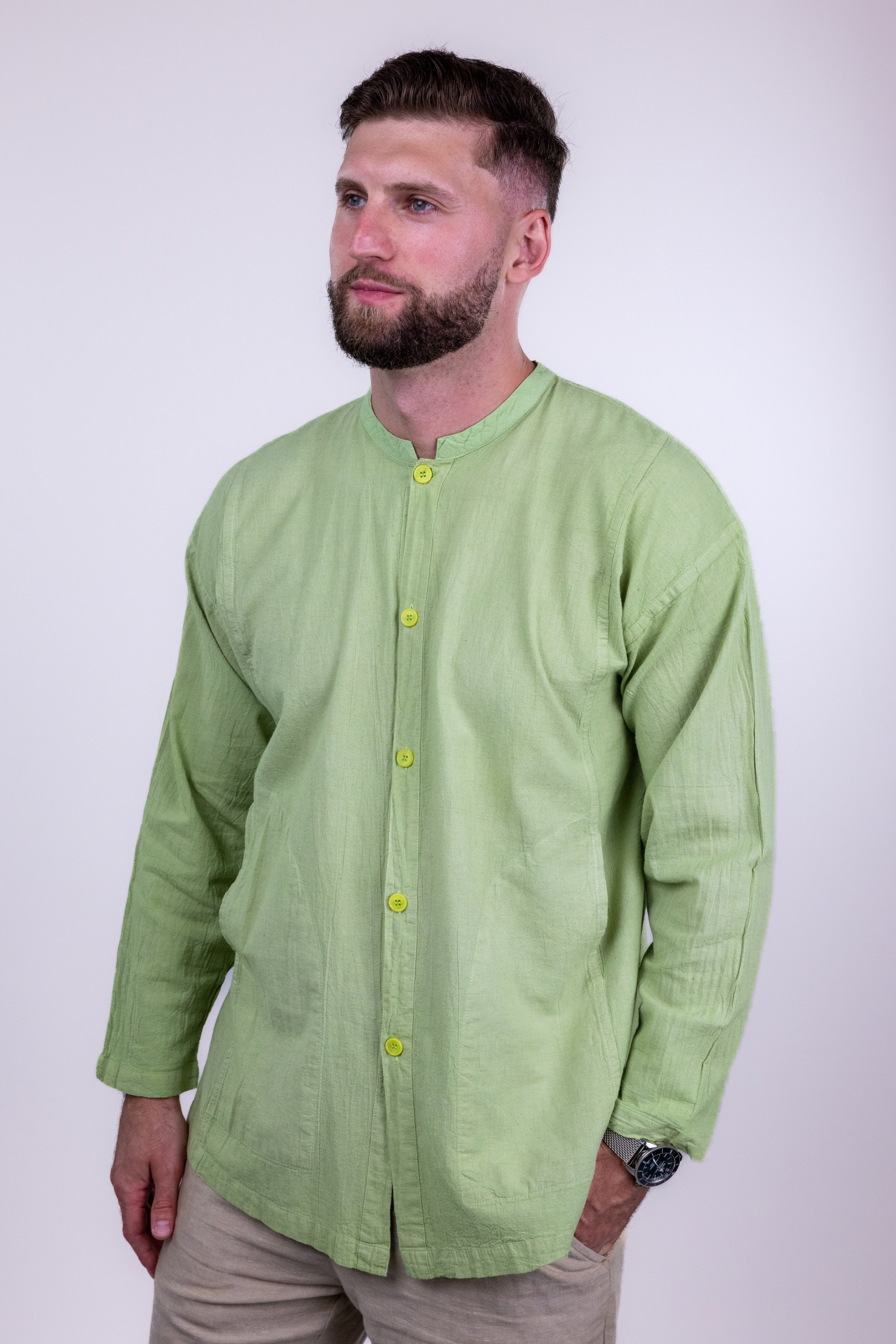 Brand Partner,Shixi, Shixi Bright Green Linen Button Up Shirt, Green, Medium-47-TagM