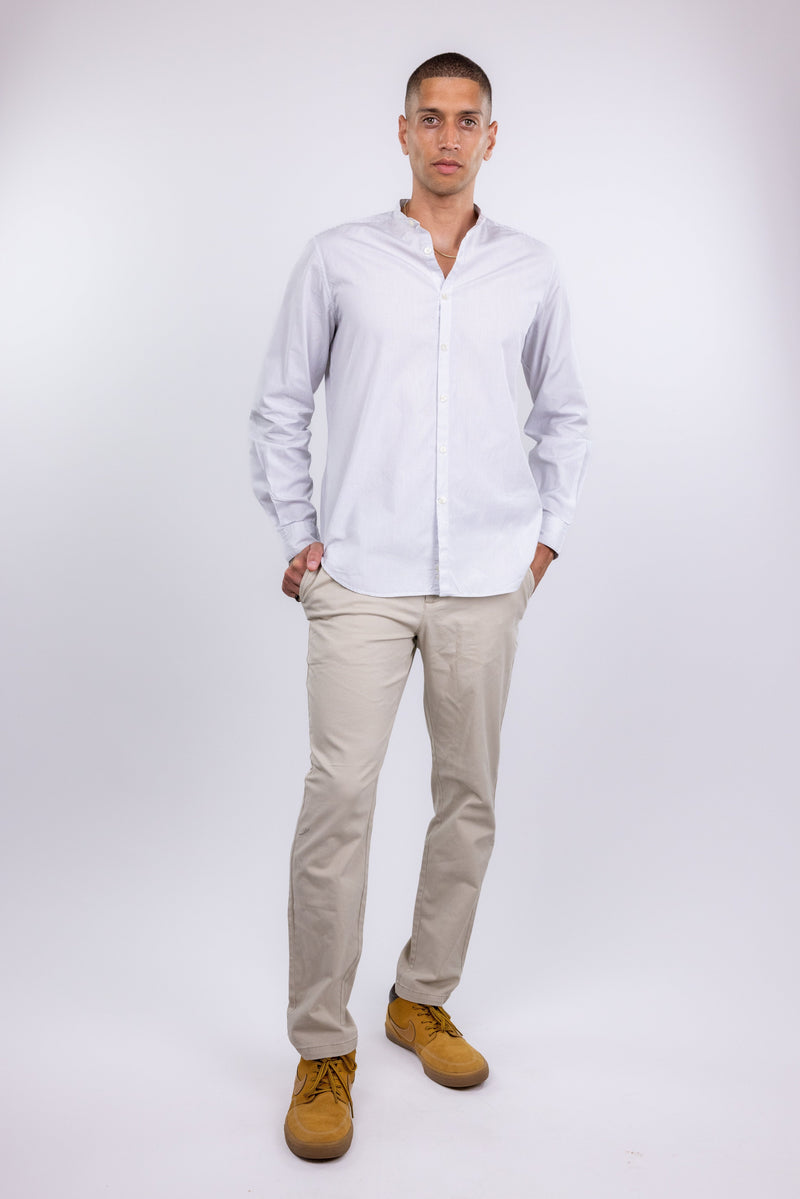 Massimo Piombo White Tonal Pinstripe Mandarin Collar Button Up Shirt