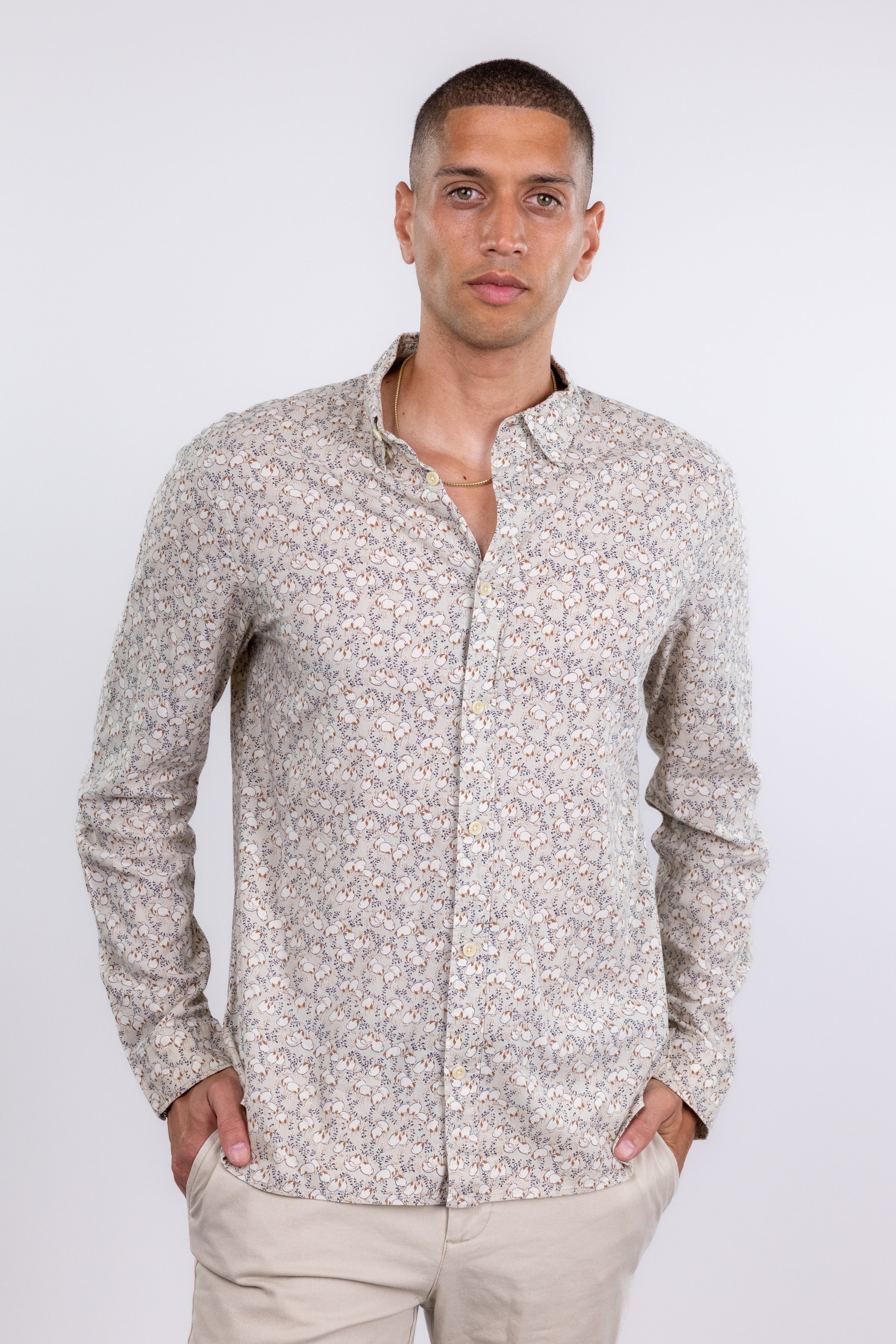 The RealReal,AllSaints, AllSaints Beige Duck Print Long Sleeve Button Up, Tan, Medium-43-TagL