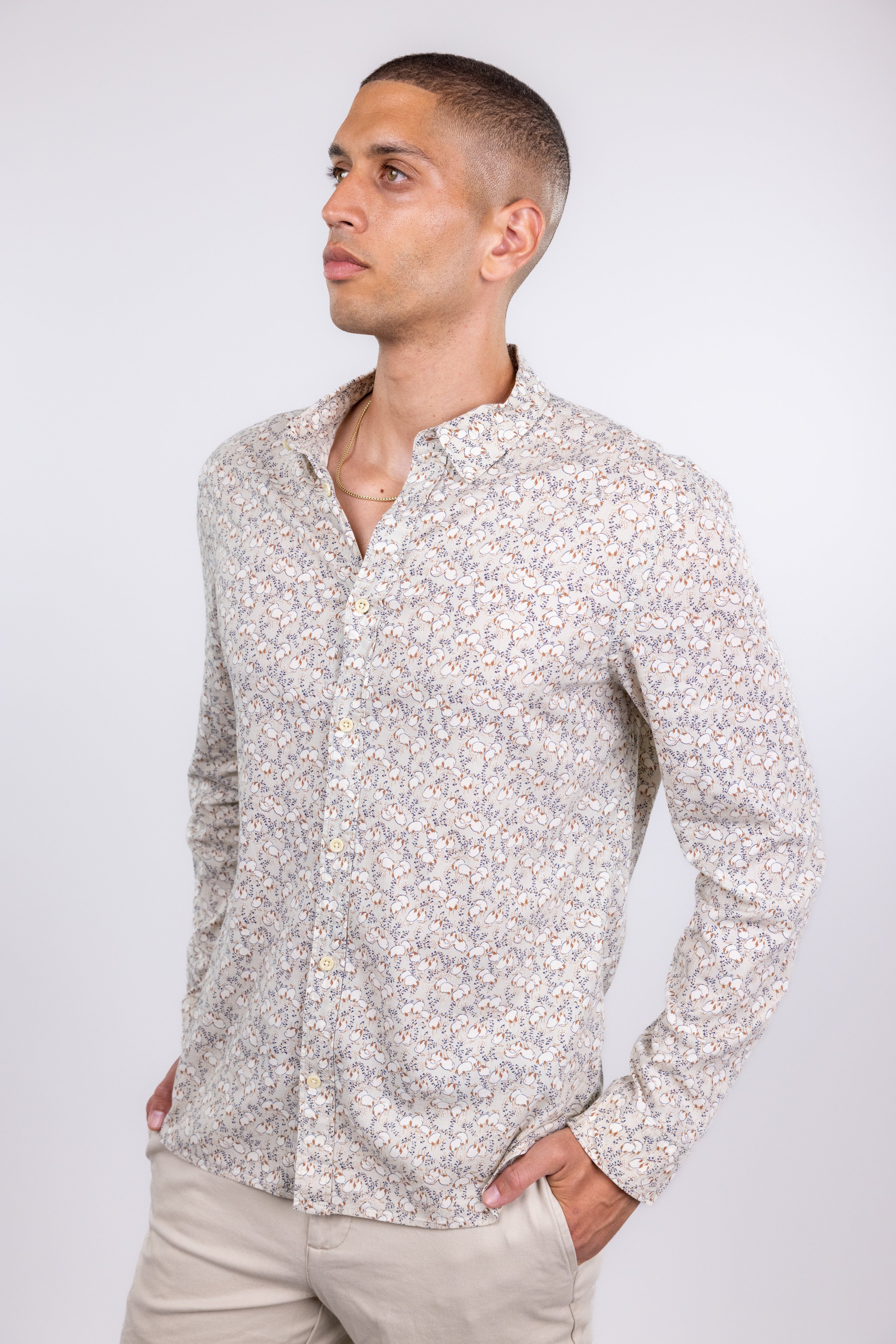 The RealReal,AllSaints, AllSaints Beige Duck Print Long Sleeve Button Up, Tan, Medium-43-TagL