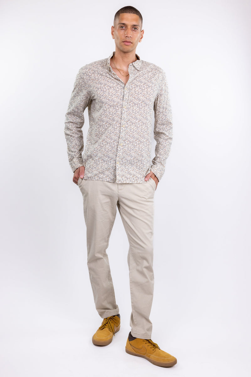 AllSaints Beige Duck Print Long Sleeve Button Up