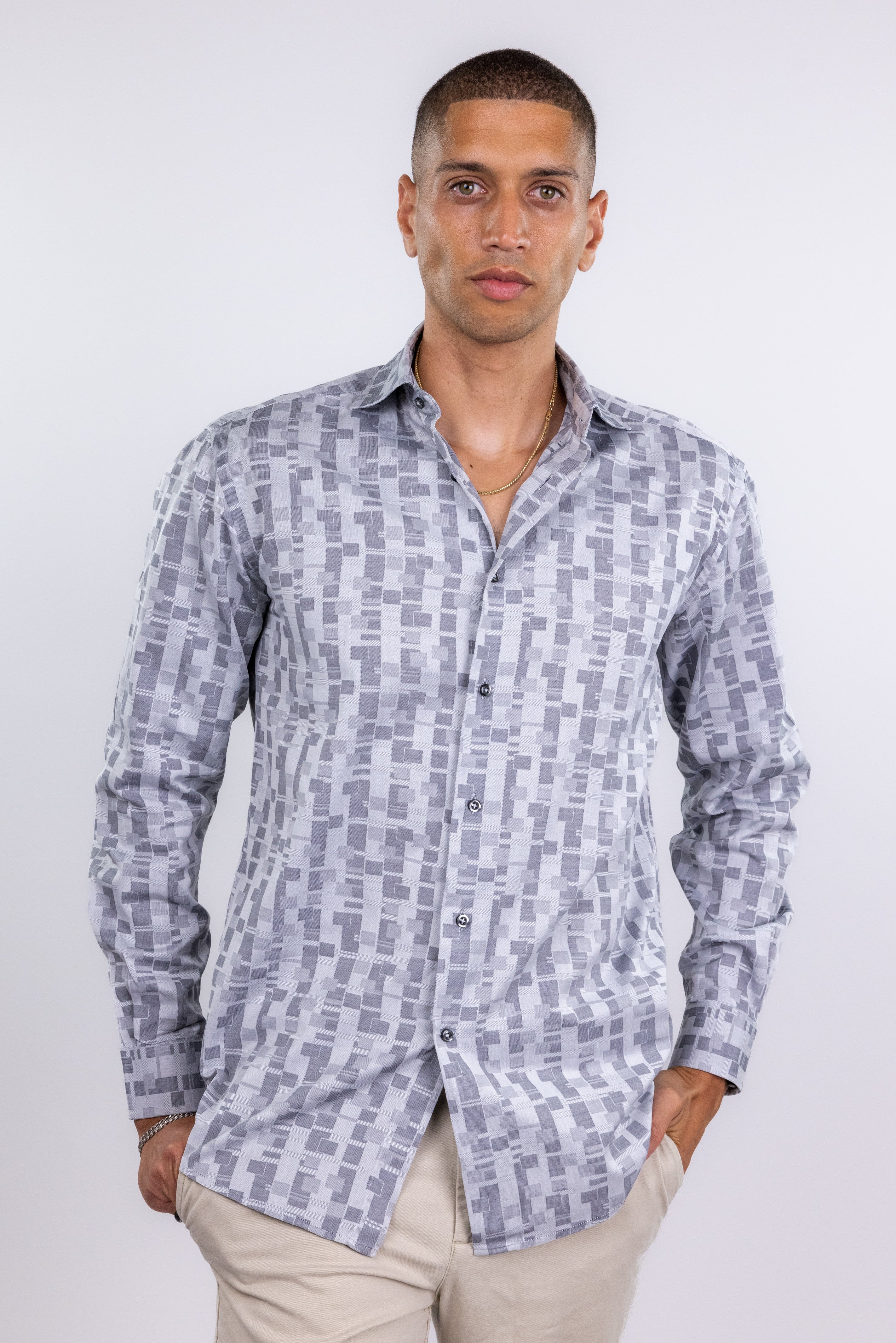 The RealReal,Zanella, Zanella Grey Geo Print Button Up Shirt, Grey, Medium-44-TagM