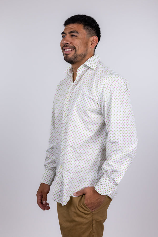 Etro White With Green And Pink Square Dot Print Button Up Shirt