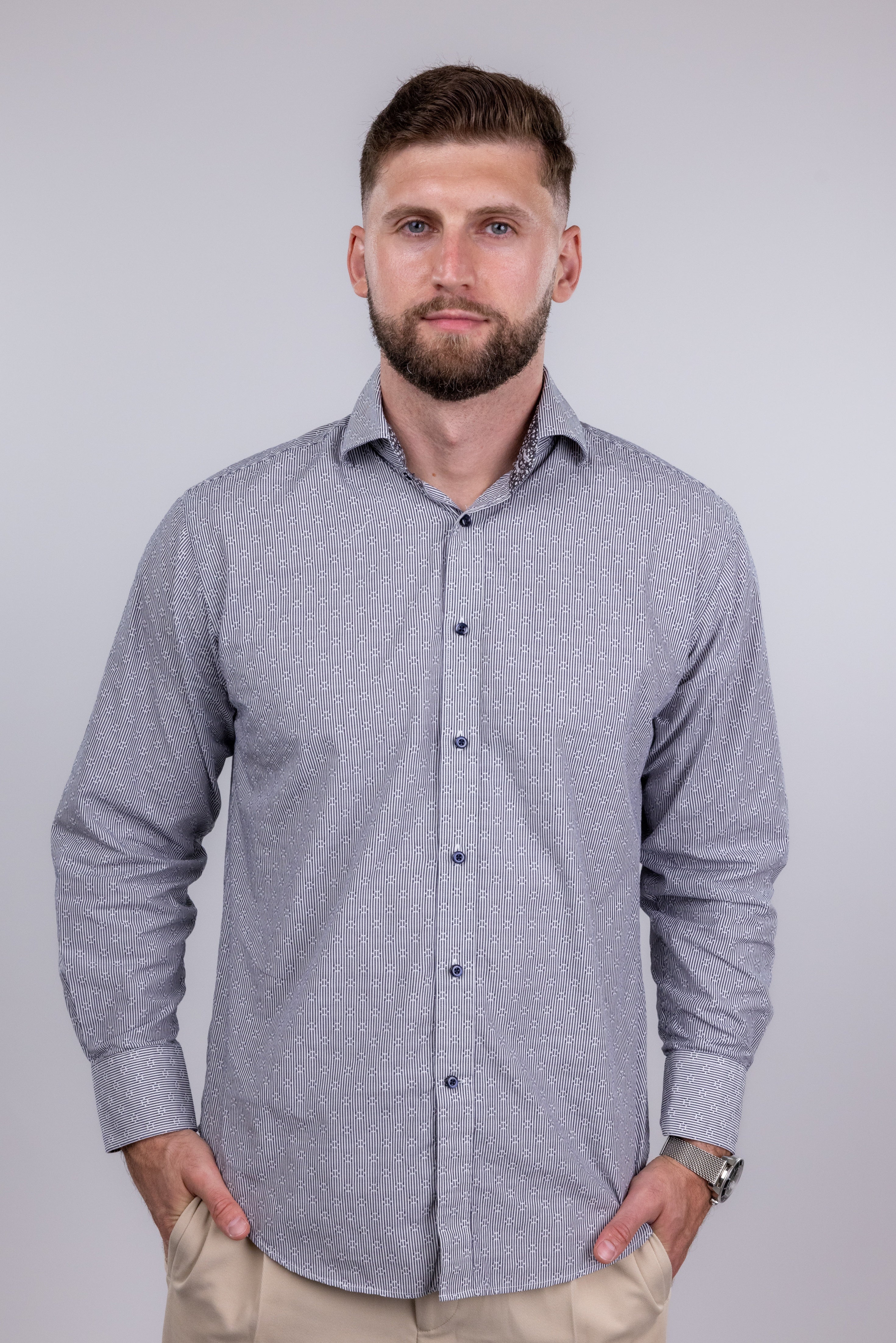 The RealReal,Neiman Marcus, Neiman Marcus White & Mini Grey Striped Button Up Shirt With Circle Embroidered Details, Grey, Large-46-TagM