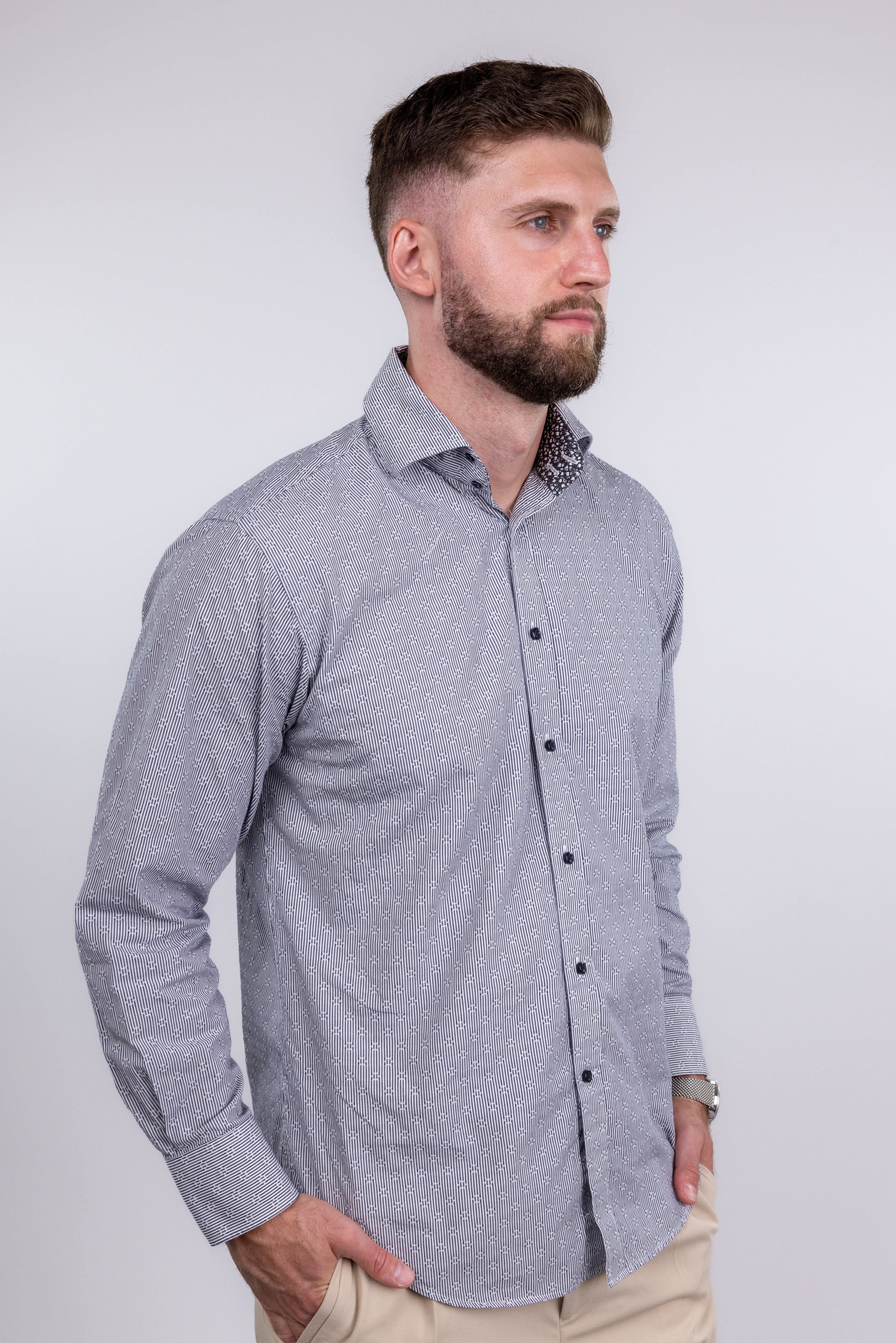 The RealReal,Neiman Marcus, Neiman Marcus White & Mini Grey Striped Button Up Shirt With Circle Embroidered Details, Grey, Large-46-TagM