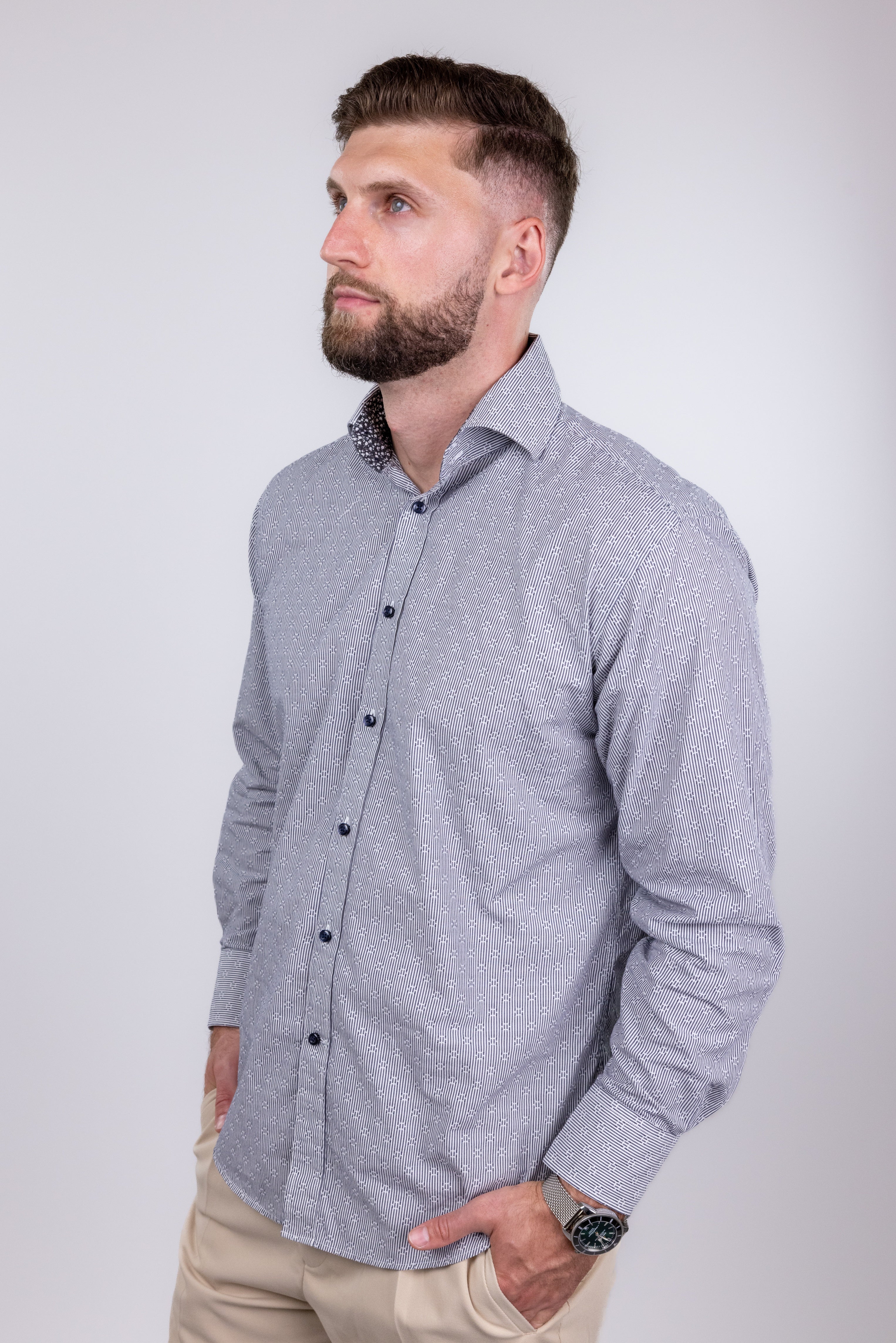 The RealReal,Neiman Marcus, Neiman Marcus White & Mini Grey Striped Button Up Shirt With Circle Embroidered Details, Grey, Large-46-TagM