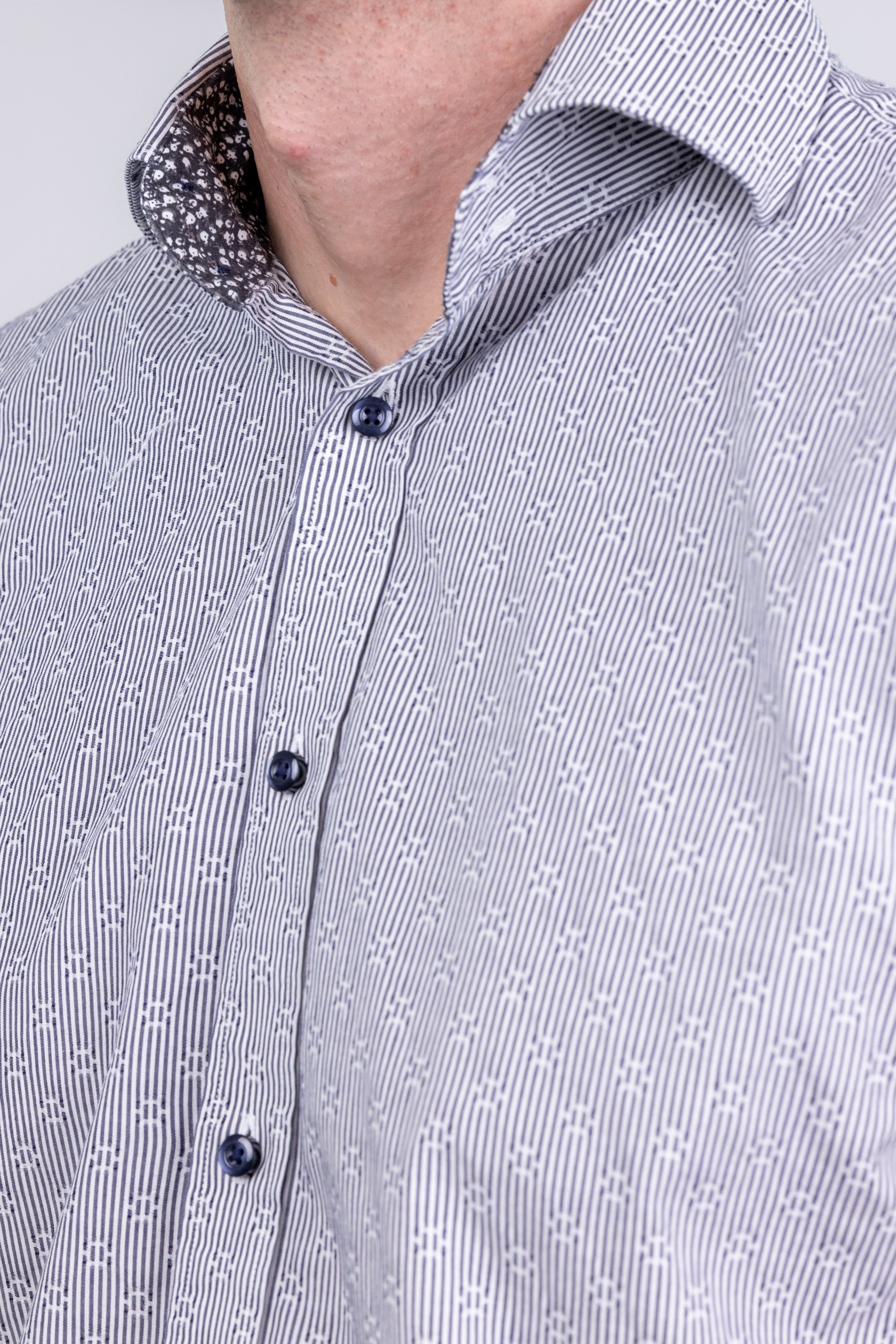 The RealReal,Neiman Marcus, Neiman Marcus White & Mini Grey Striped Button Up Shirt With Circle Embroidered Details, Grey, Large-46-TagM