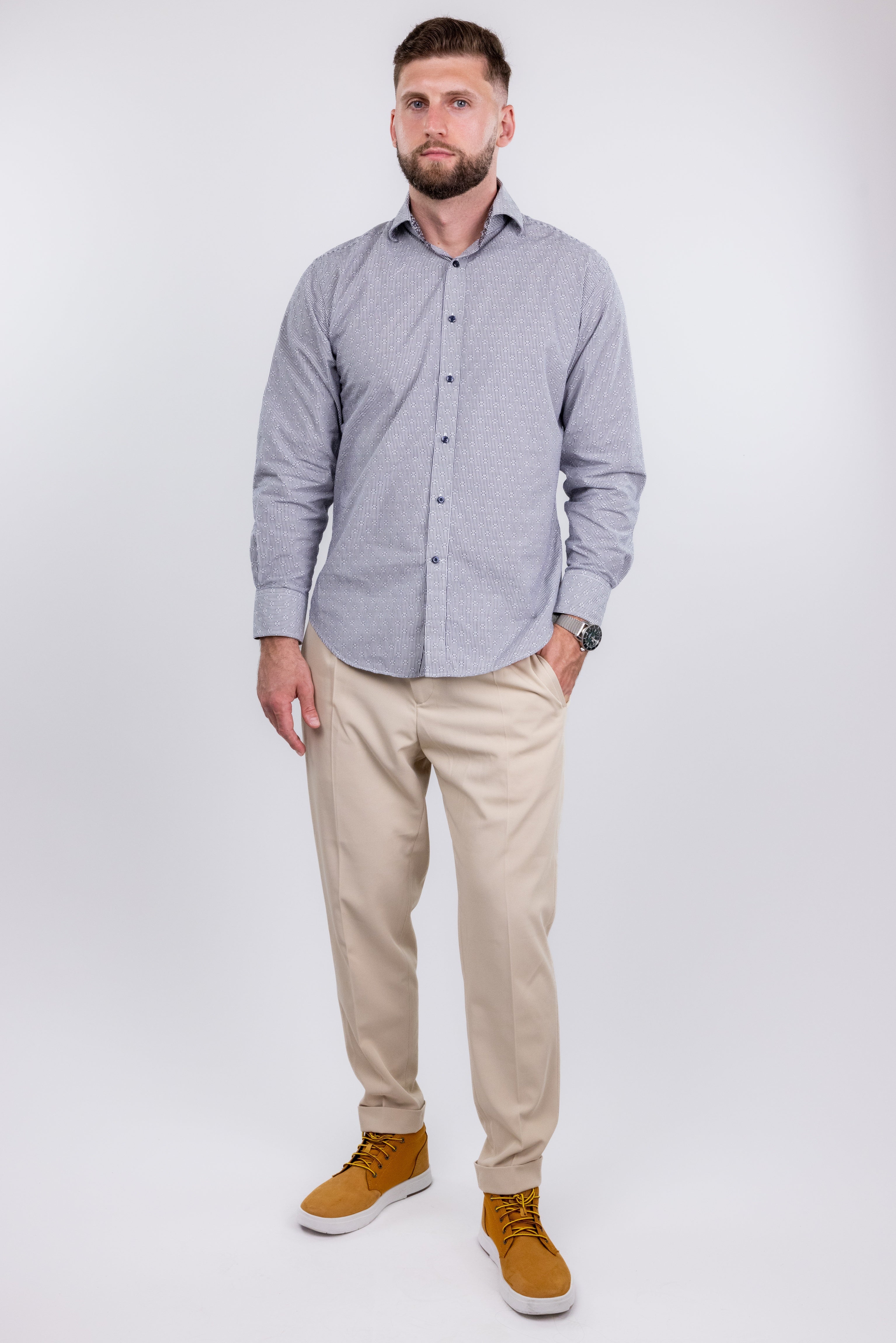 The RealReal,Neiman Marcus, Neiman Marcus White & Mini Grey Striped Button Up Shirt With Circle Embroidered Details, Grey, Large-46-TagM