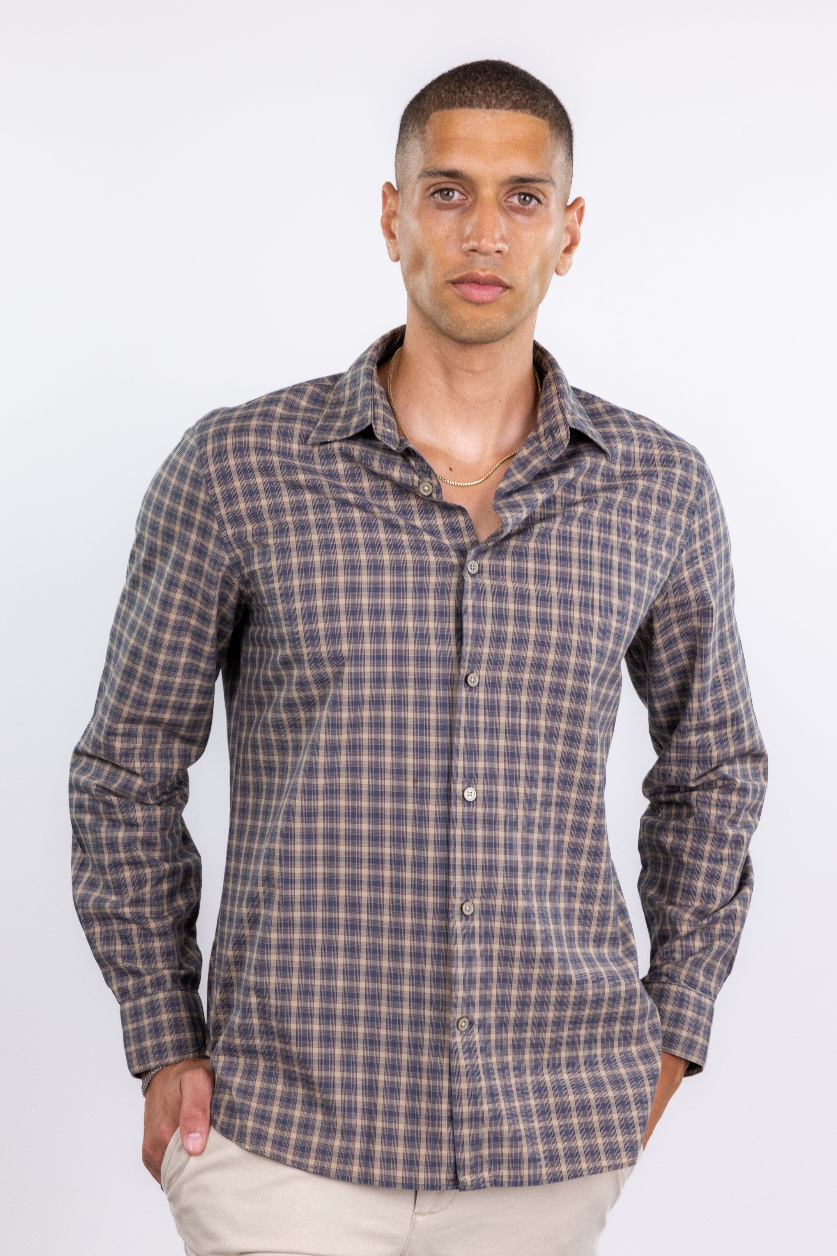 The RealReal,John Varvatos, John Varvatos Brown Plaid Print Button Up Shirt, Brown, Medium-44-TagM