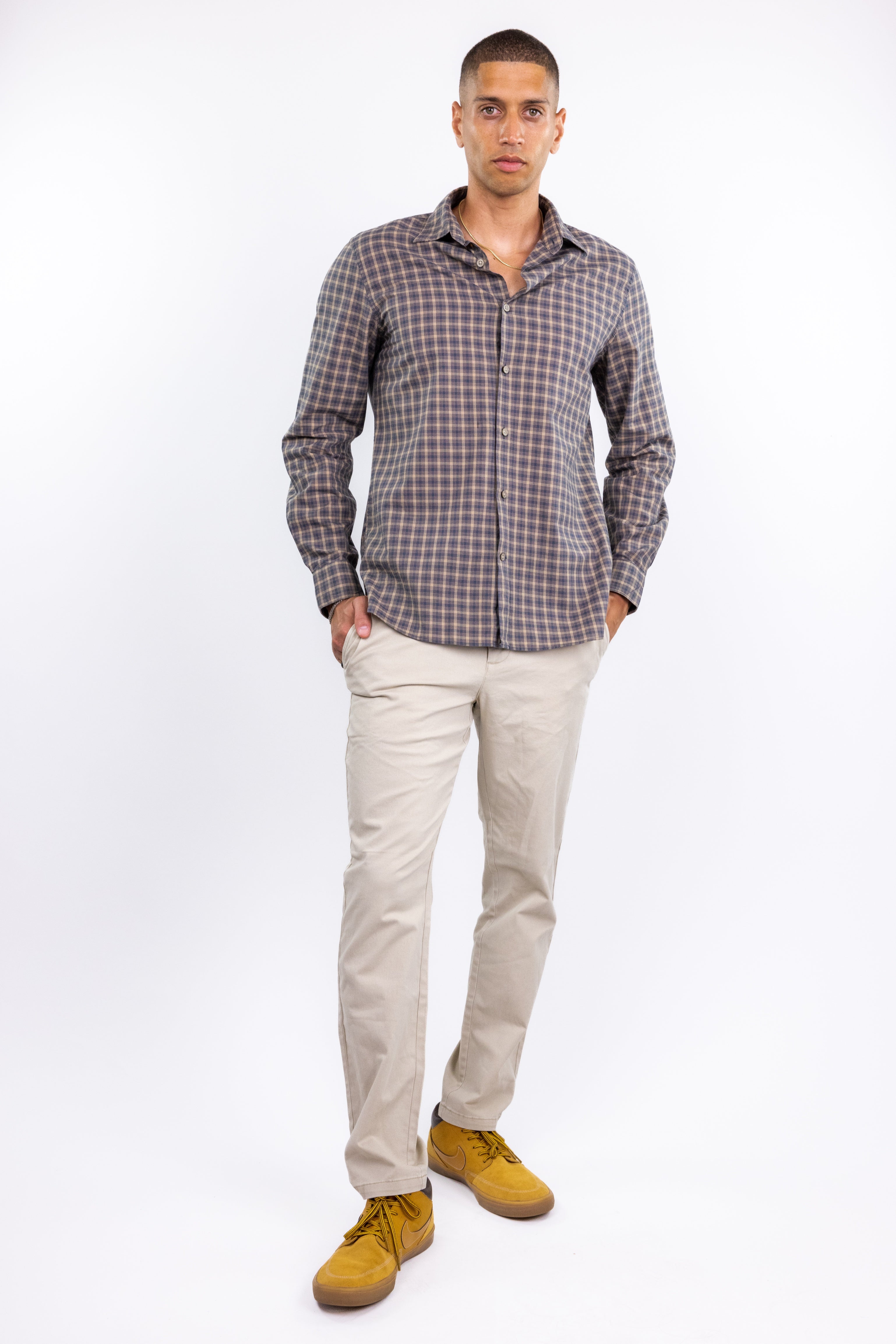 The RealReal,John Varvatos, John Varvatos Brown Plaid Print Button Up Shirt, Brown, Medium-44-TagM