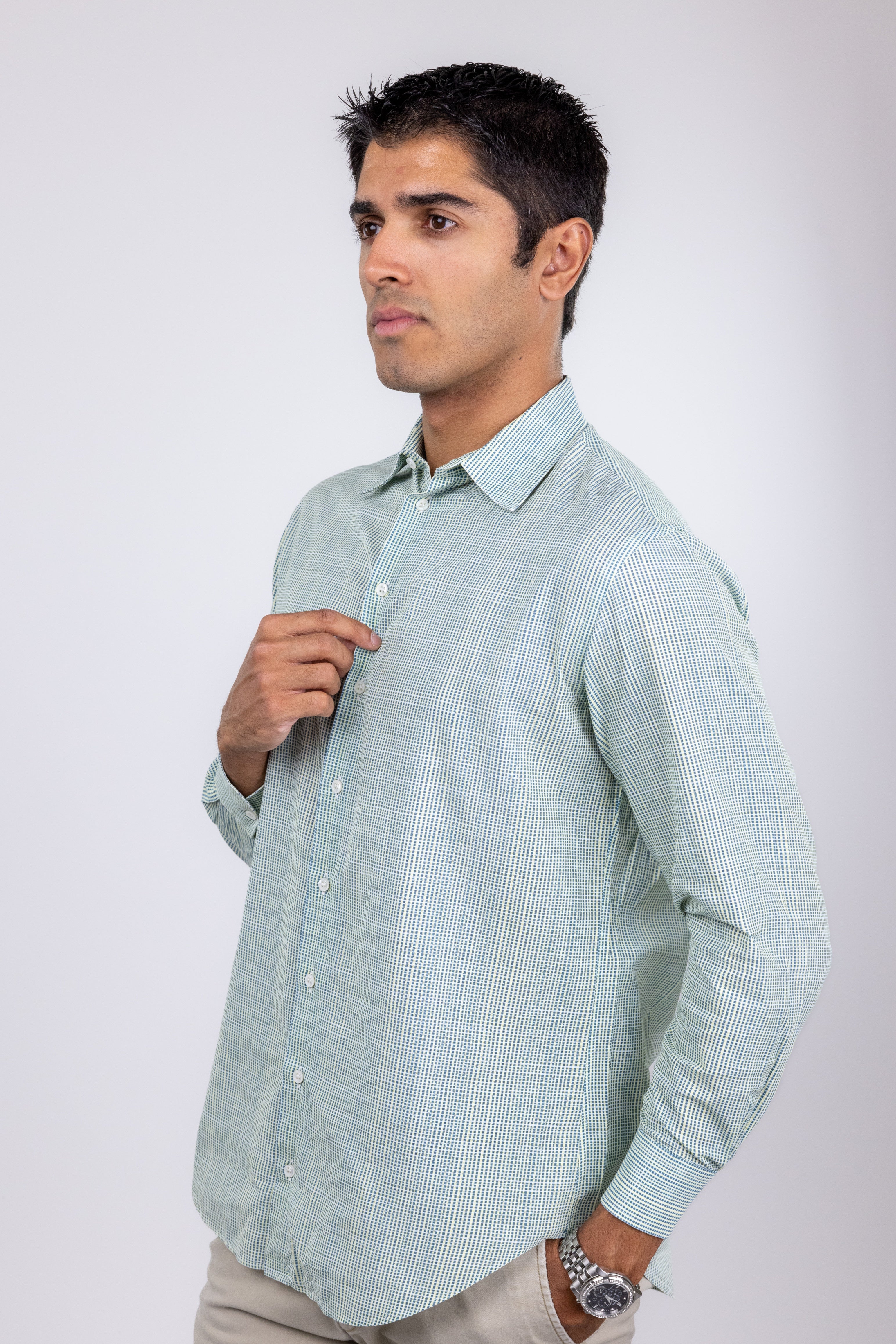 The RealReal,Giorgio Armani, Giorgio Armani Green And Yellow Vivid Crosshatch Print Long Sleeve Button Up Shirt, , 