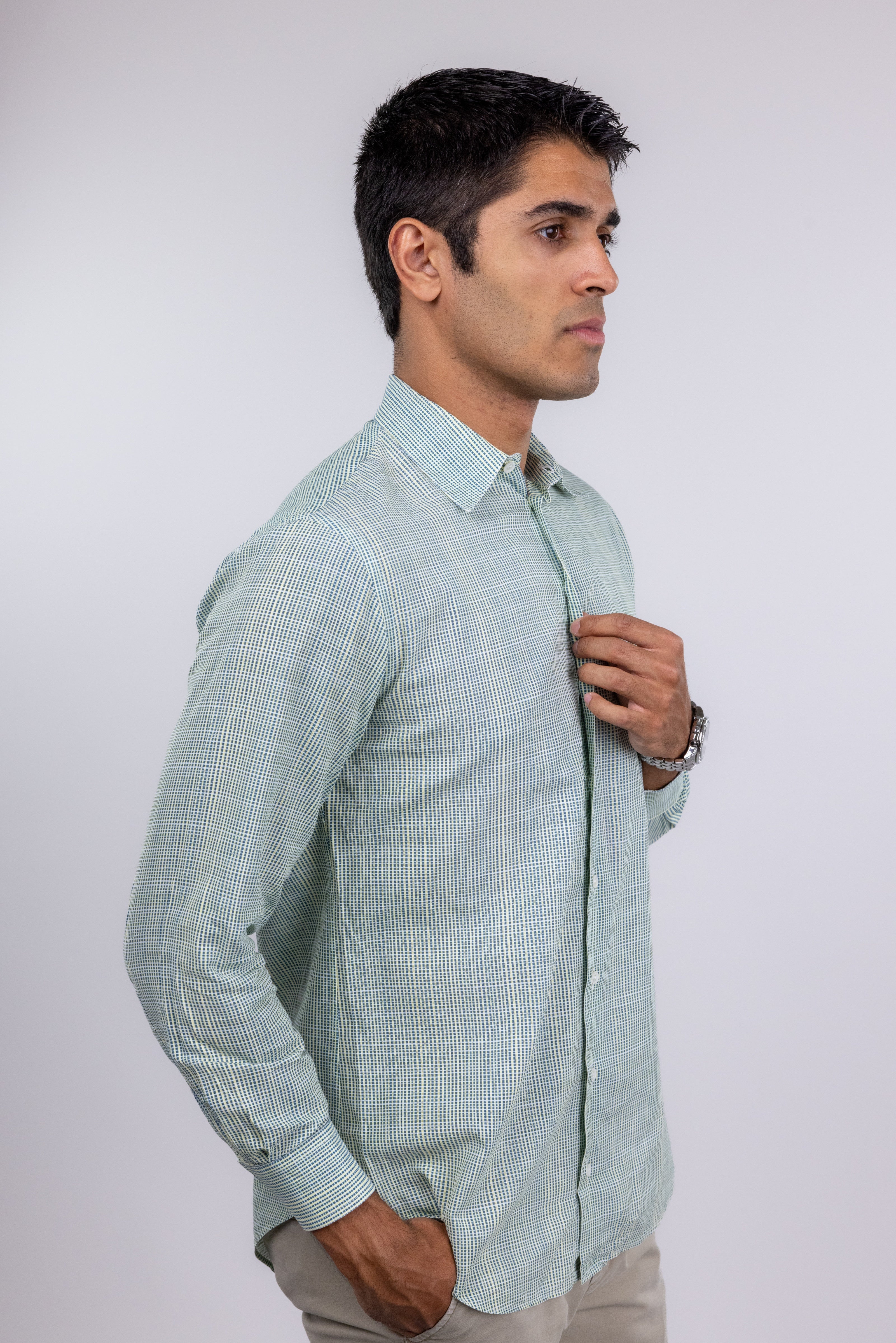 The RealReal,Giorgio Armani, Giorgio Armani Green And Yellow Vivid Crosshatch Print Long Sleeve Button Up Shirt, , 