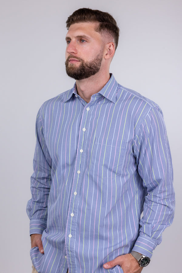 Paul Stuart Navy and Pastel Stripe Button Up Shirt