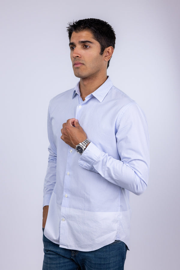 Vince Light Blue Micro Striped Colorblock Button Up Dress Shirt