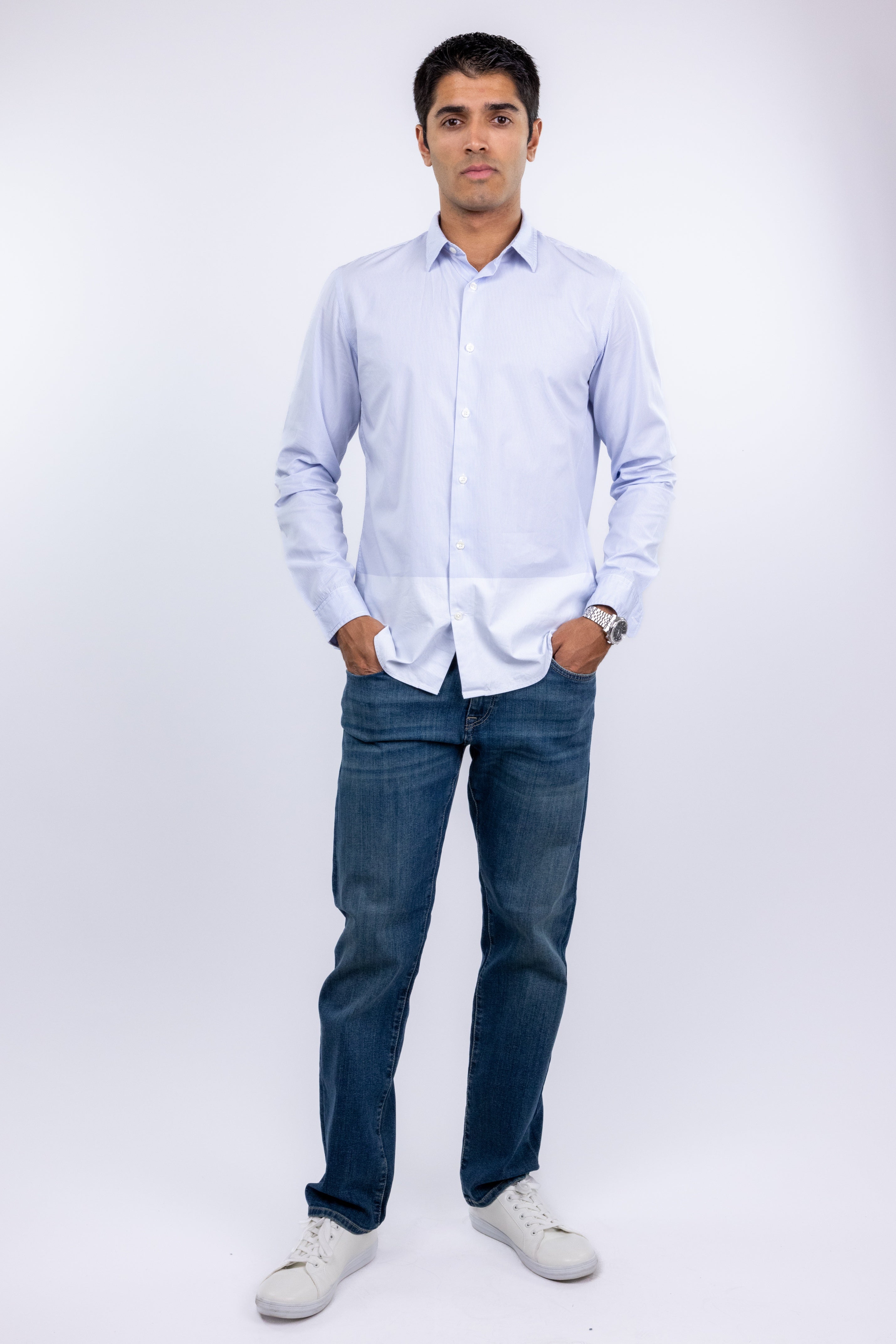 The RealReal,Vince, Vince Light Blue Micro Striped Colorblock Button Up Dress Shirt, Blue, Medium-43-TagM