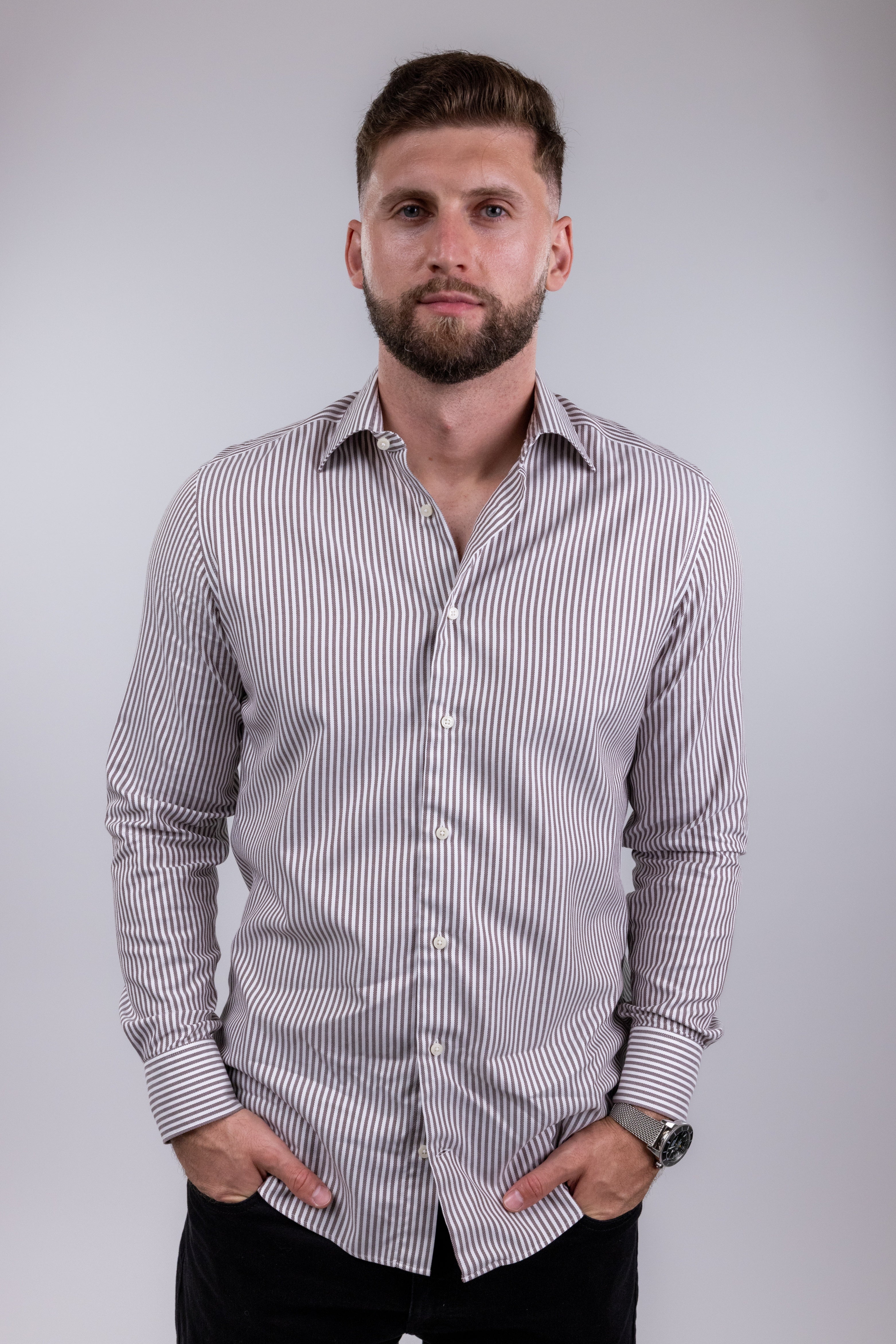 The RealReal,Suitsupply, Suitsupply Brown & White Striped Button Up Shirt, White, Medium-42-TagM